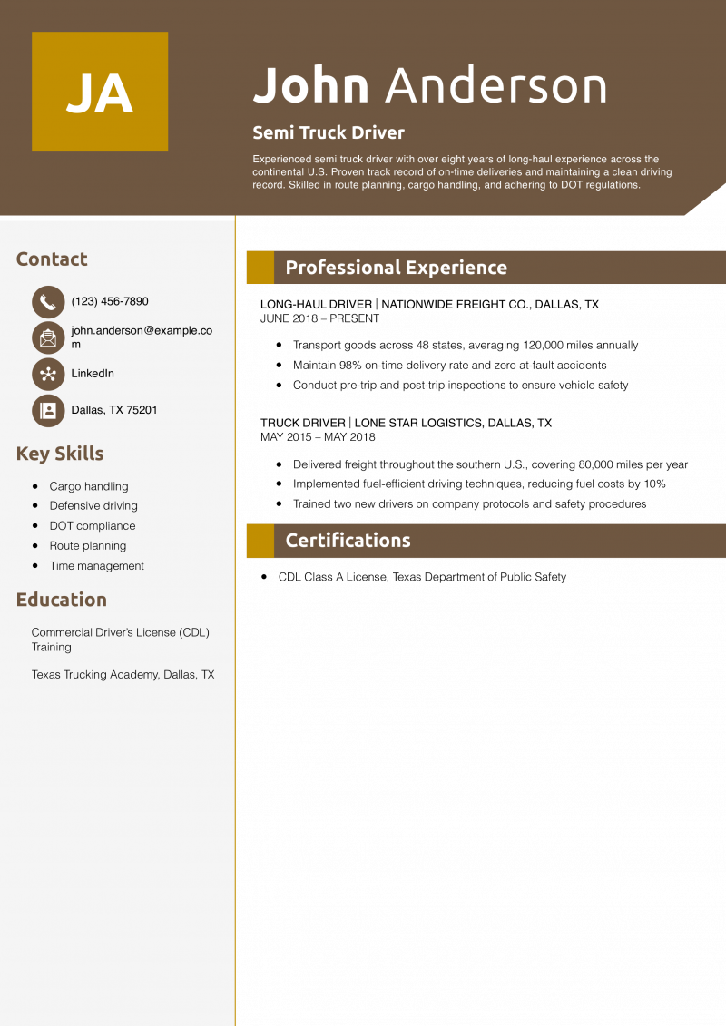 Semi Truck Driver Resume