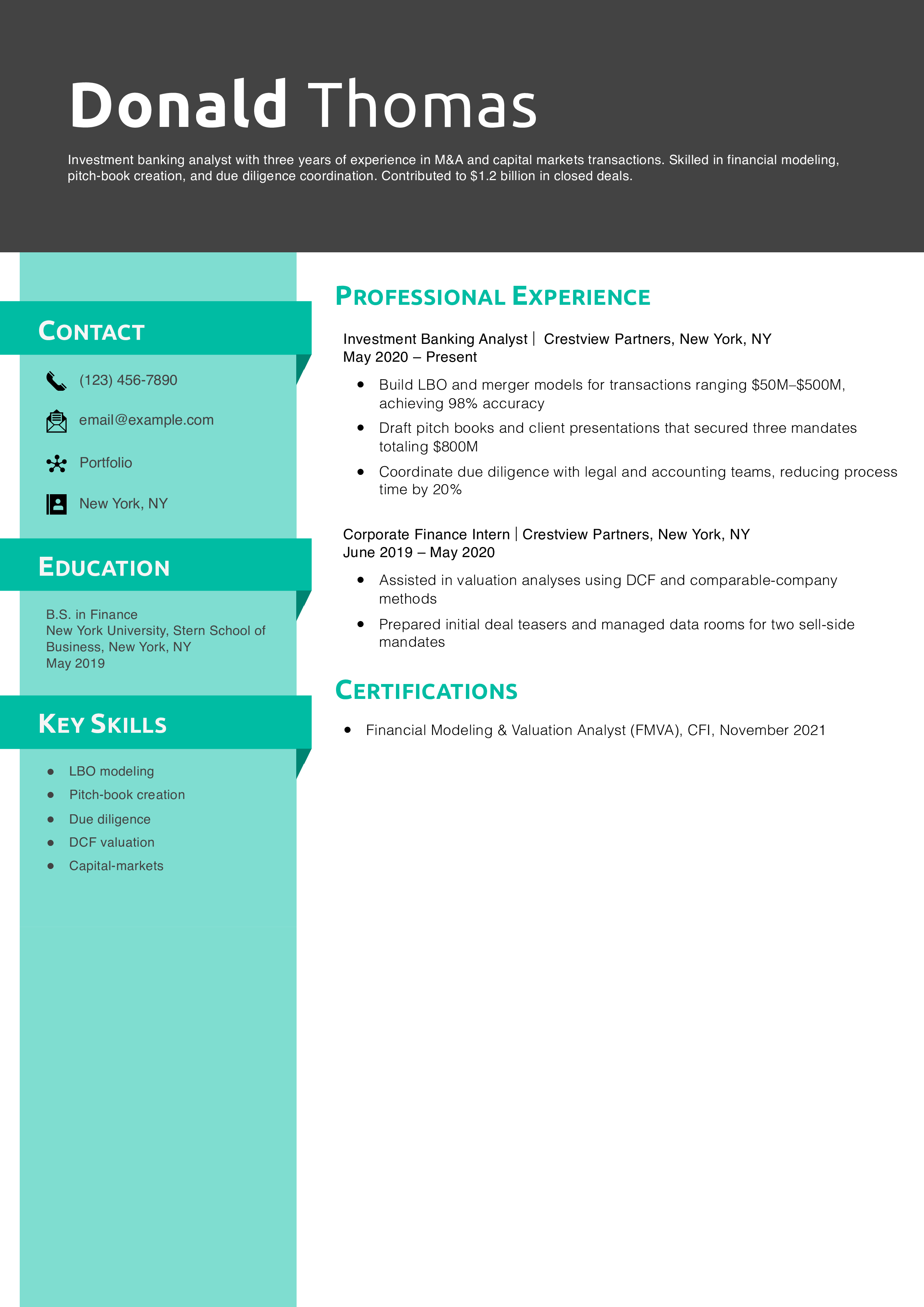 Investment Banking Analyst Resume Example