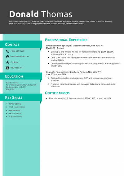 Investment Banking Analyst Resume Example
