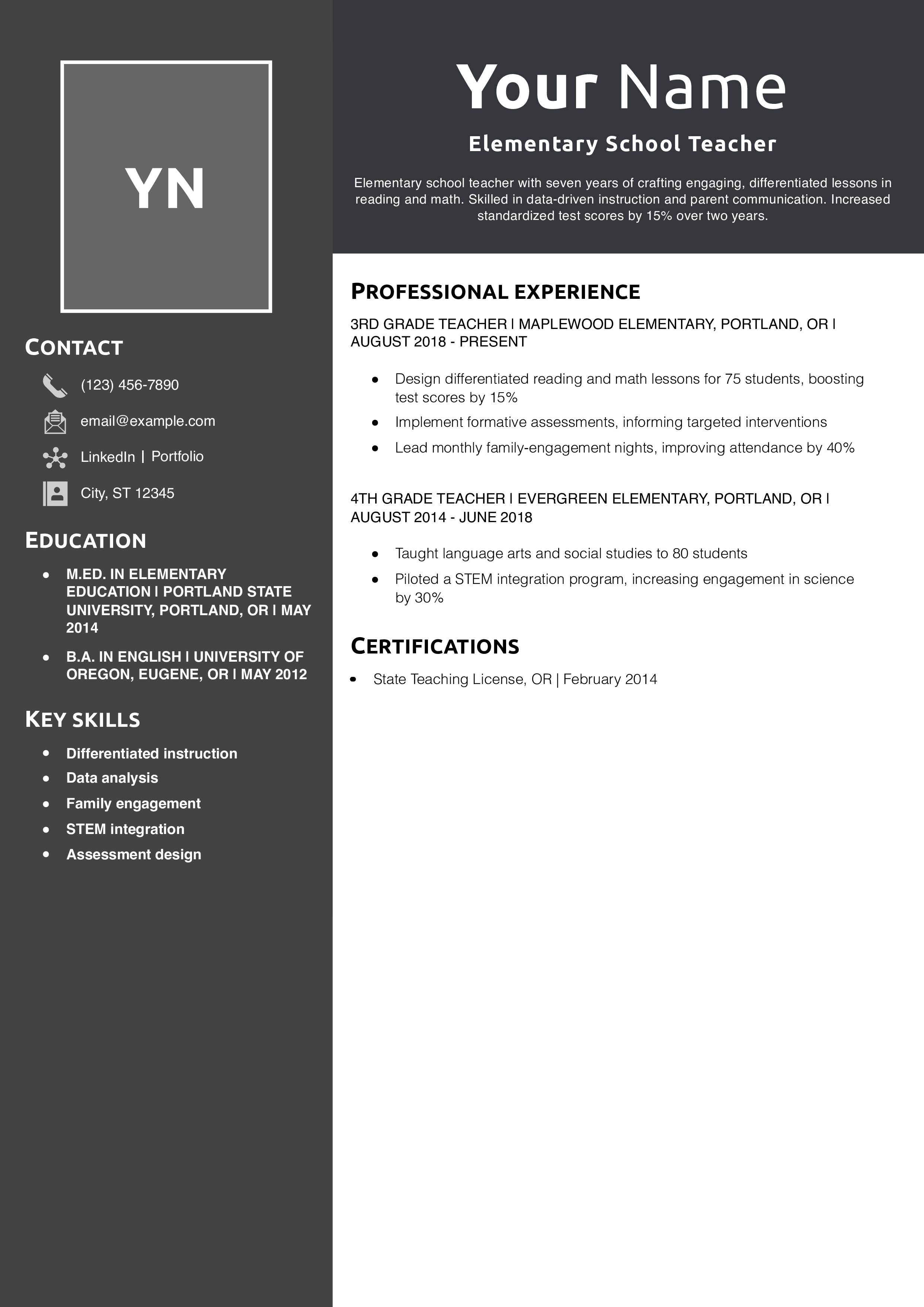 Elementary School Teacher Resume Example