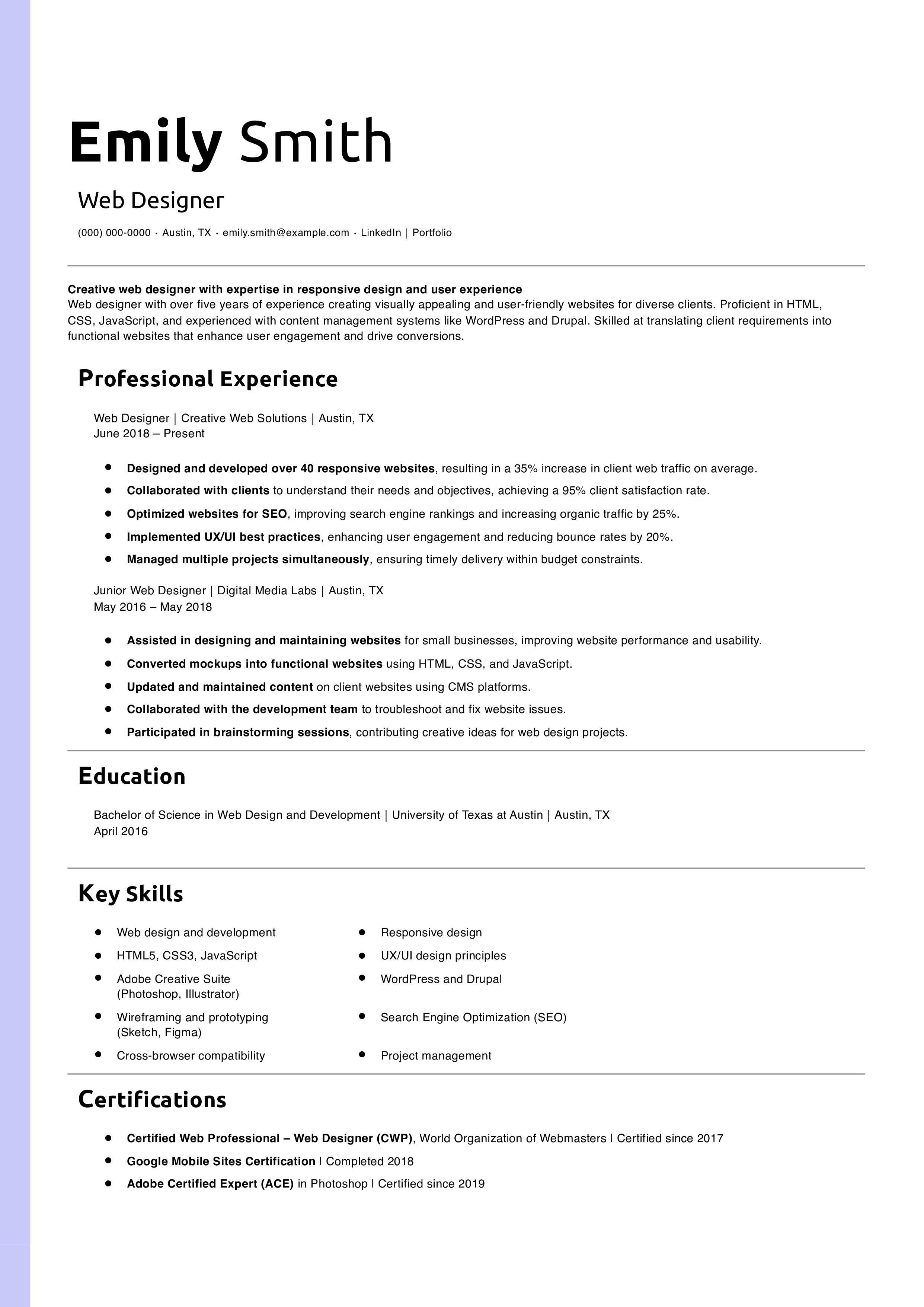 Web Designer Resume Example