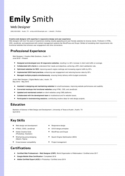 Web Designer Resume Example