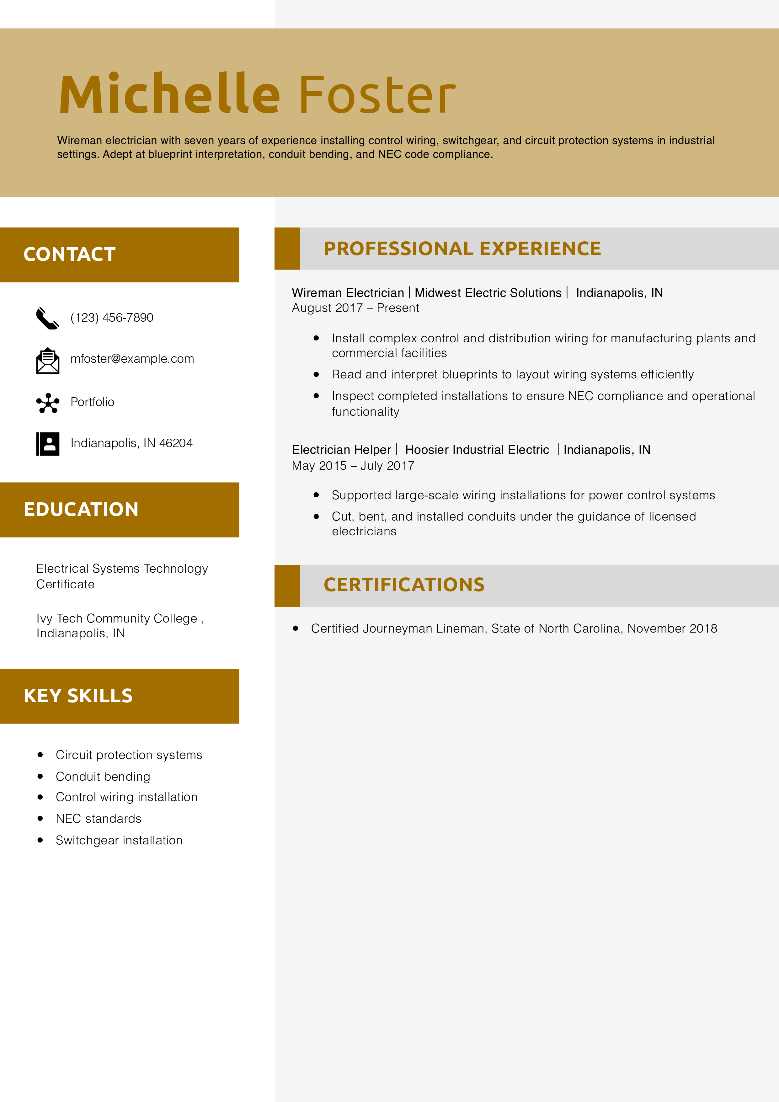 Wireman Electrician Resume Example