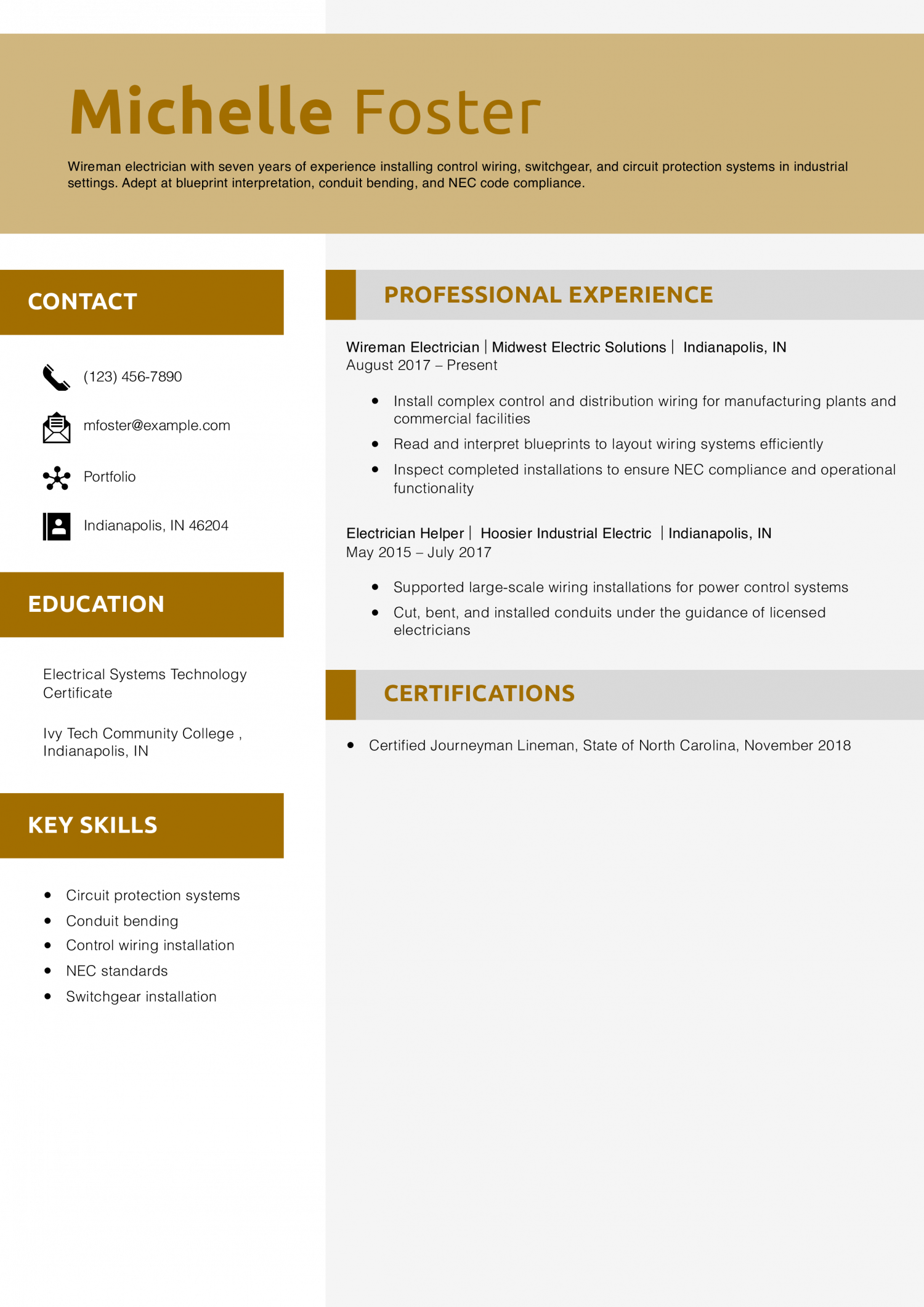 Wireman Electrician Resume Example