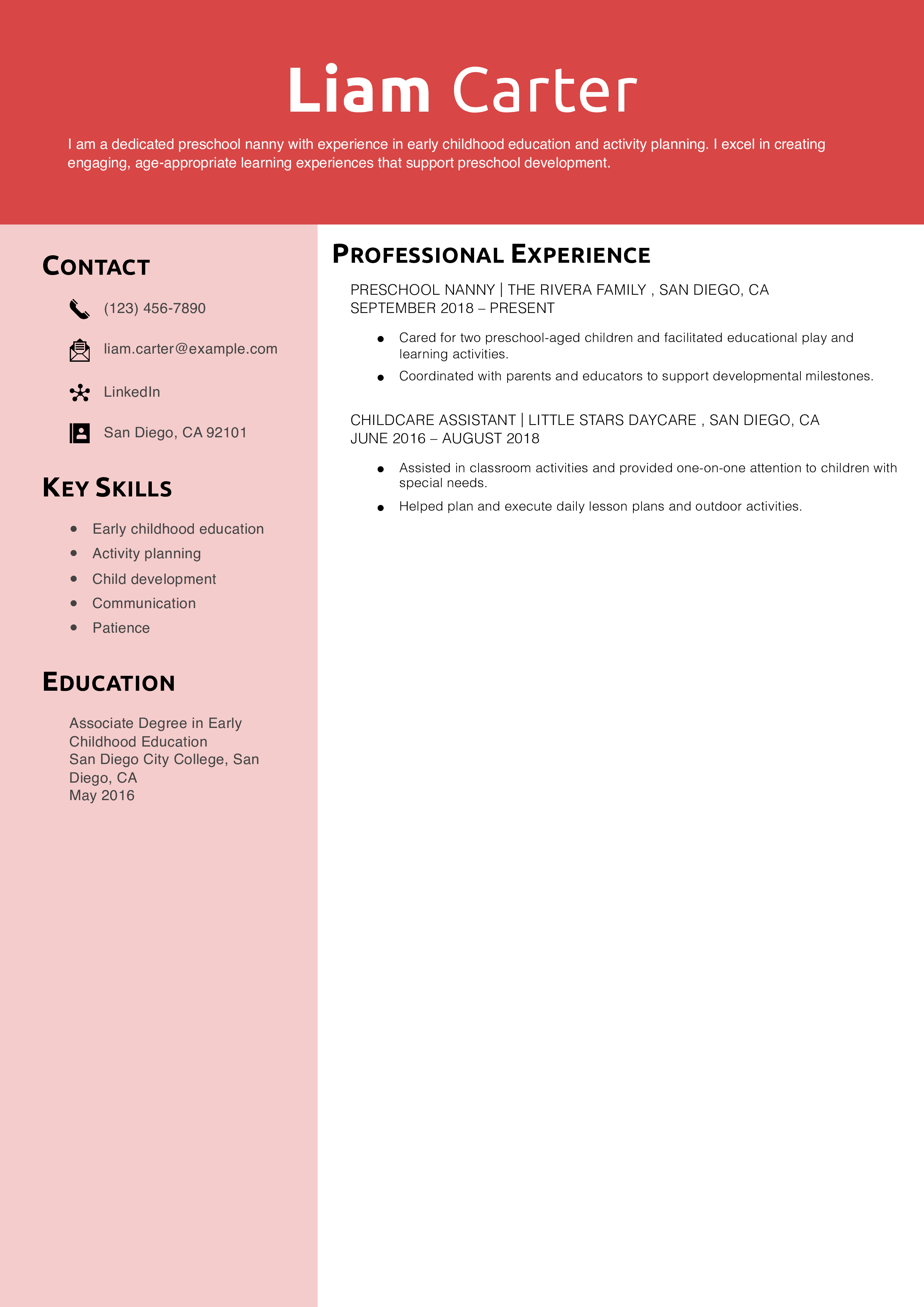 Preschool Nanny Resume Example