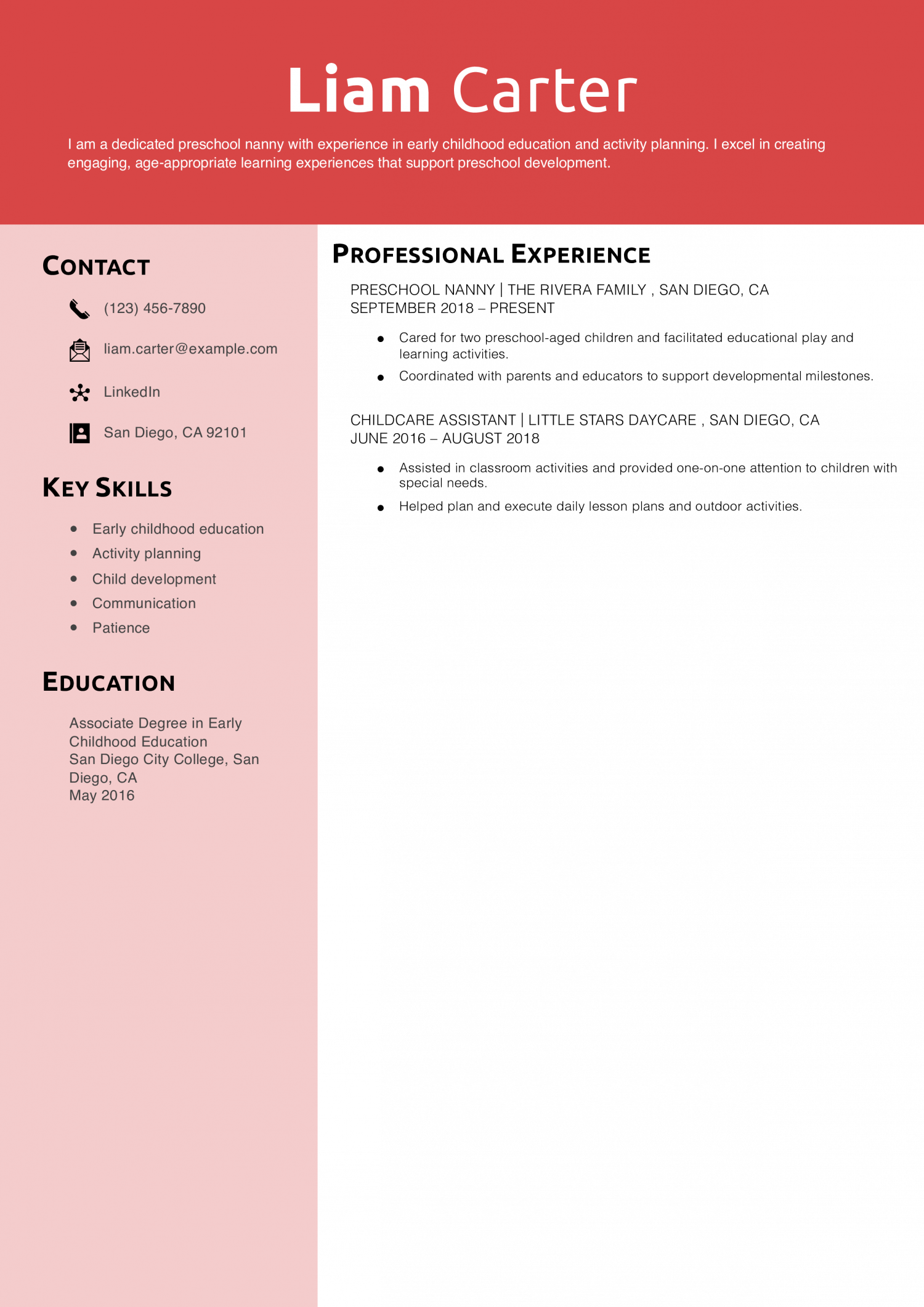 Preschool Nanny Resume Example