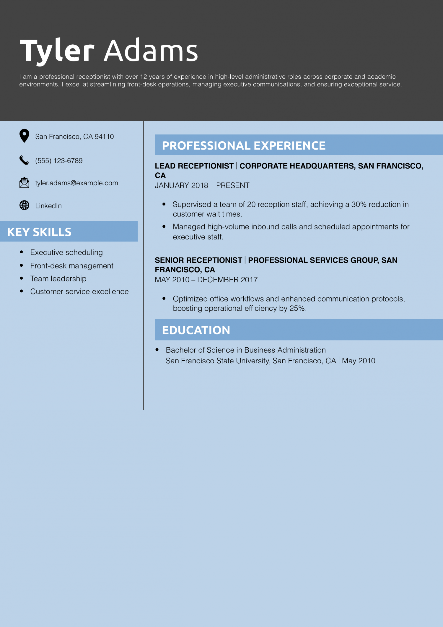Professional Receptionist Resume Example