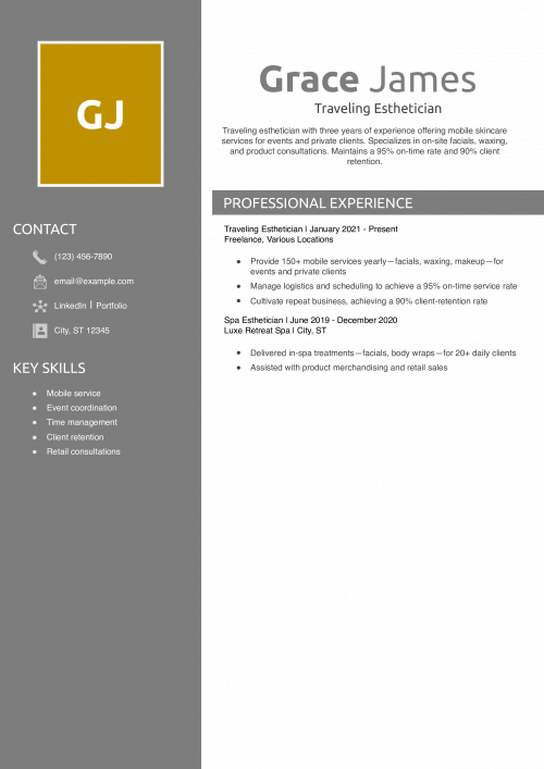 Traveling Esthetician Resume Example