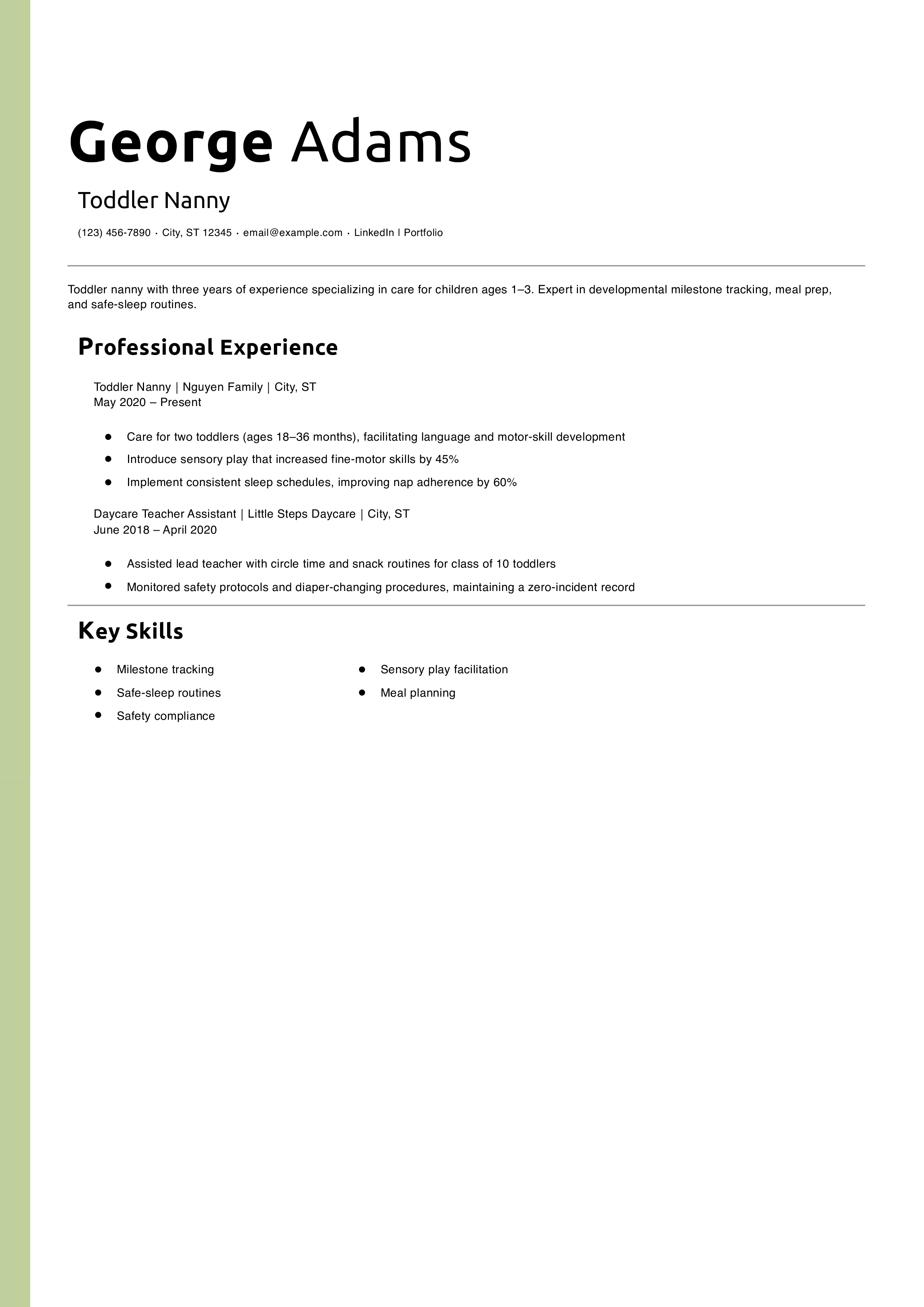 Toddler Nanny Resume Example