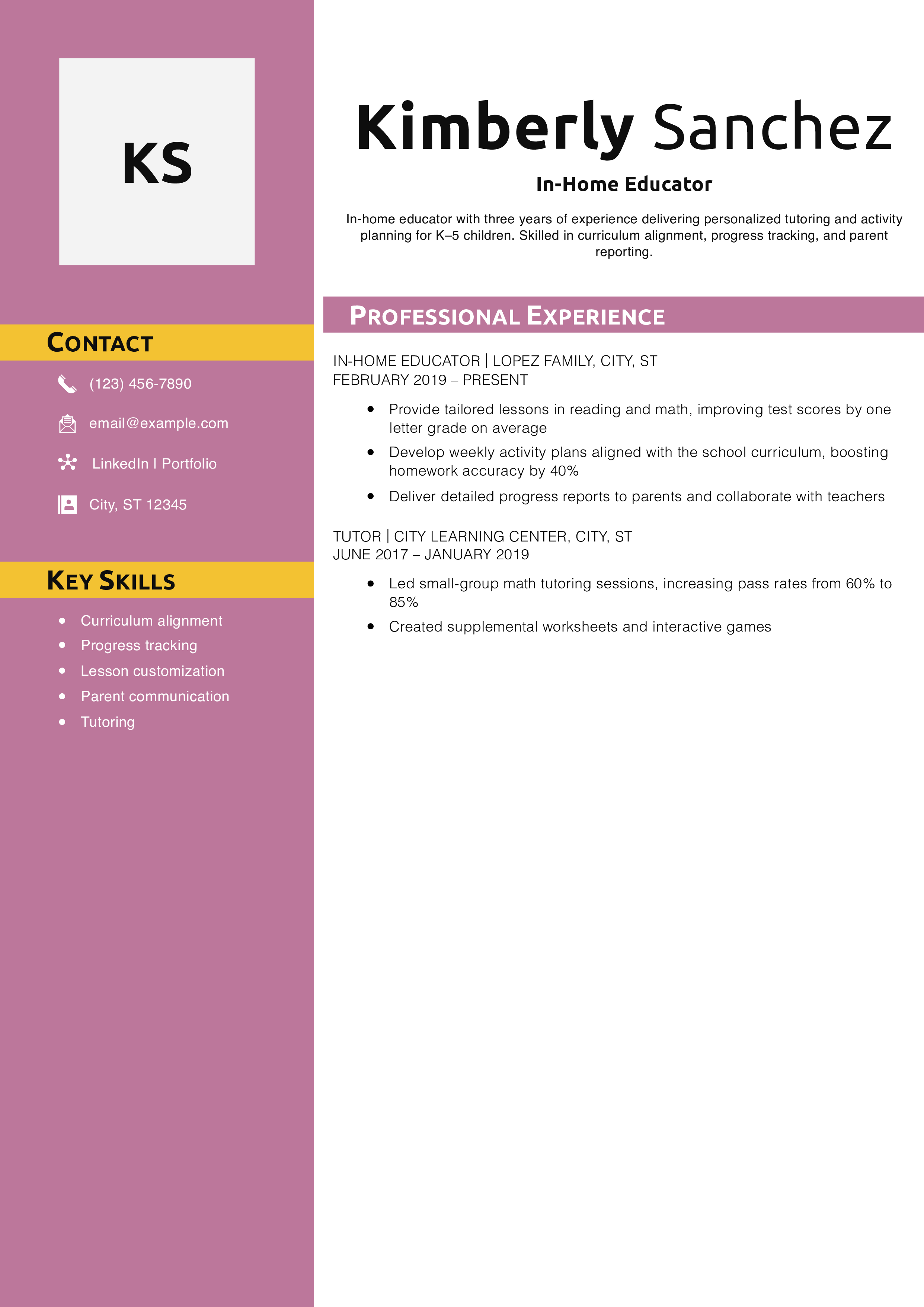 In-Home Educator Resume Example