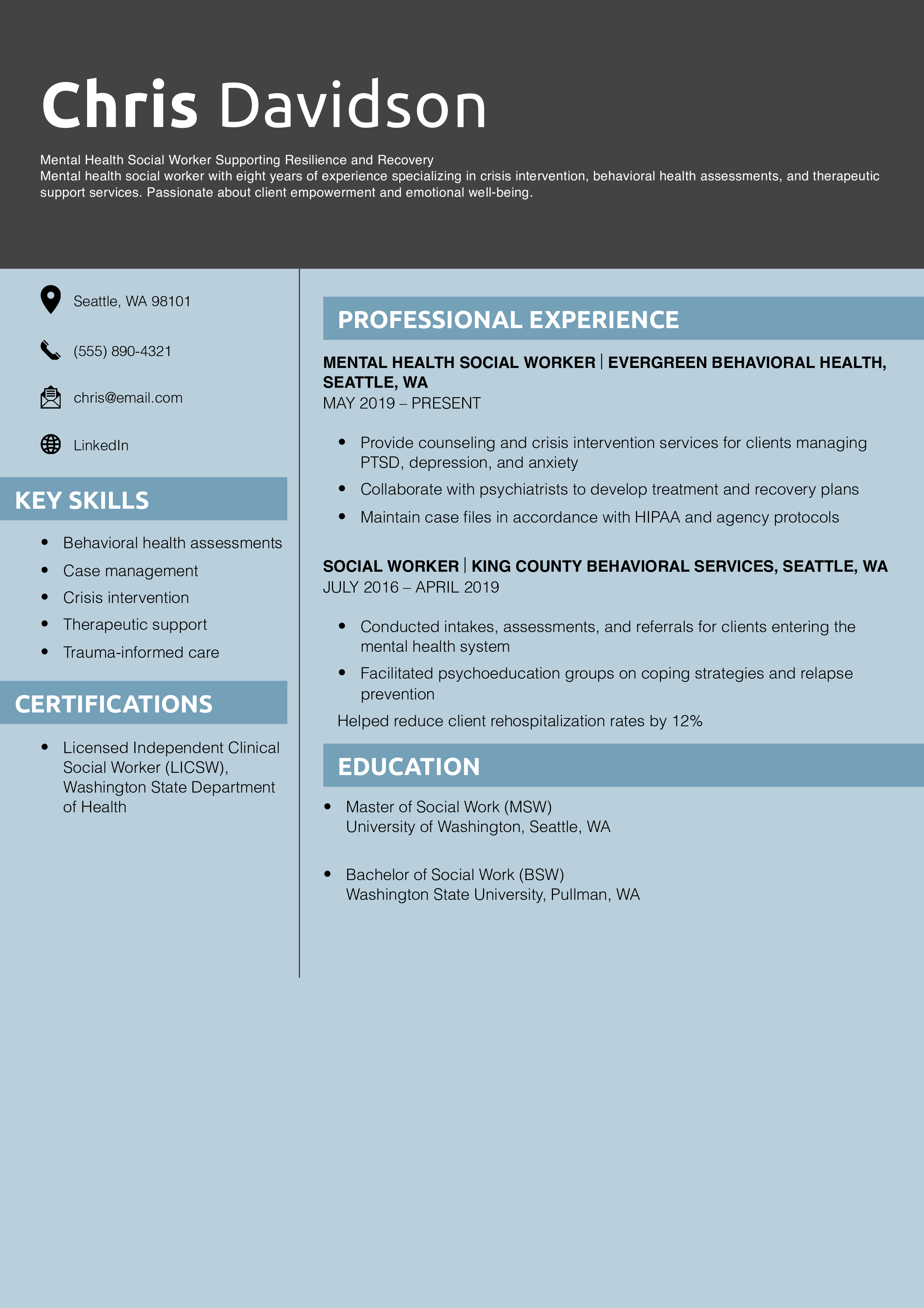 Mental Health Social Worker Resume Example