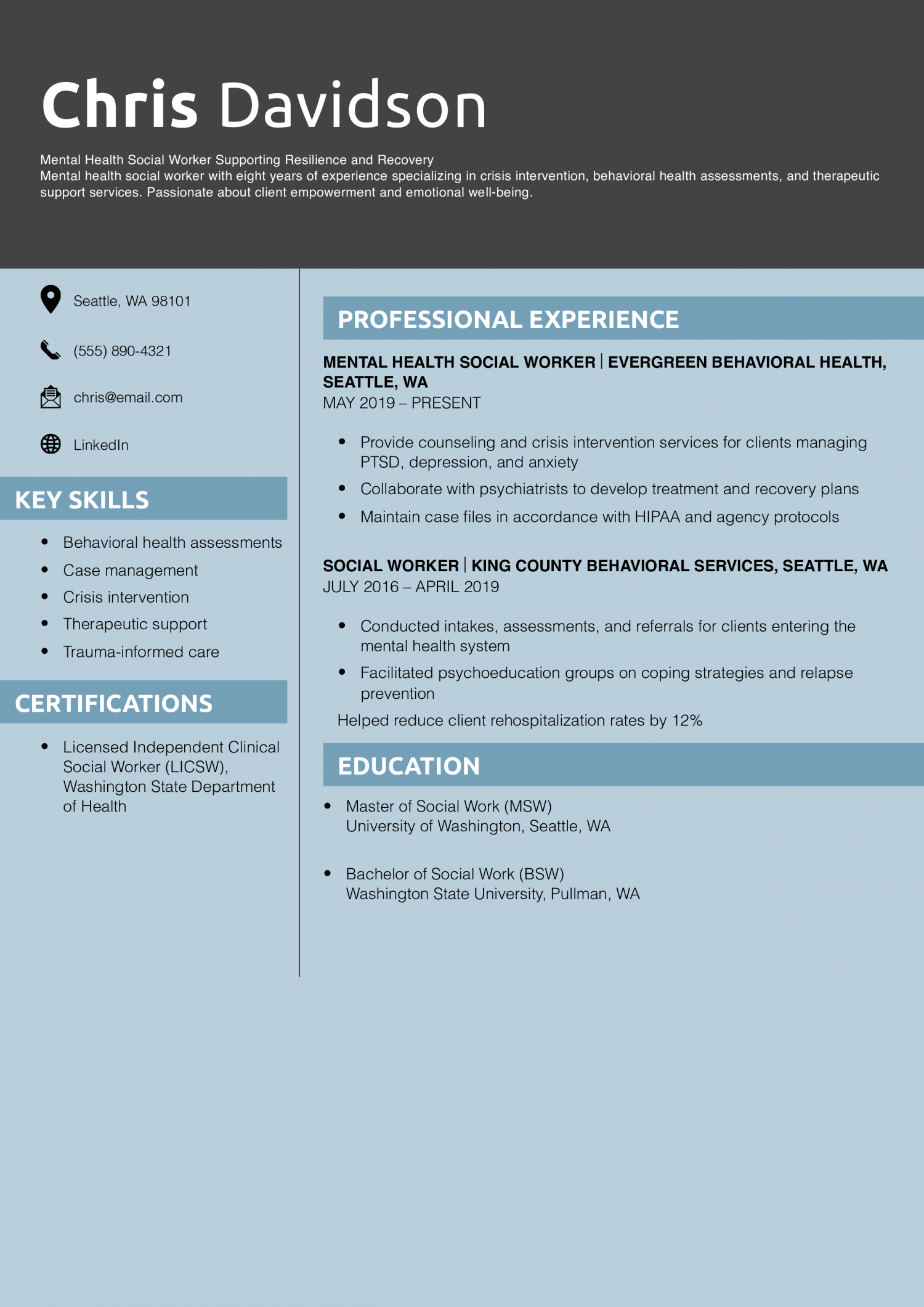 Mental Health Social Worker Resume Example