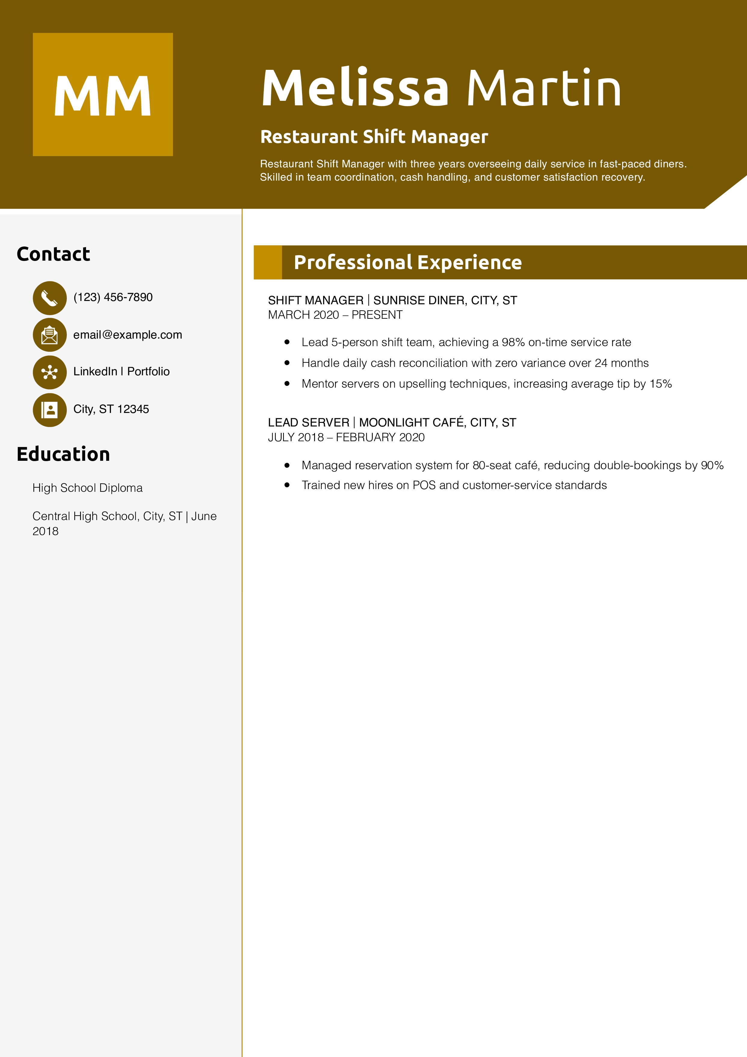 Restaurant Shift Manager Resume Example