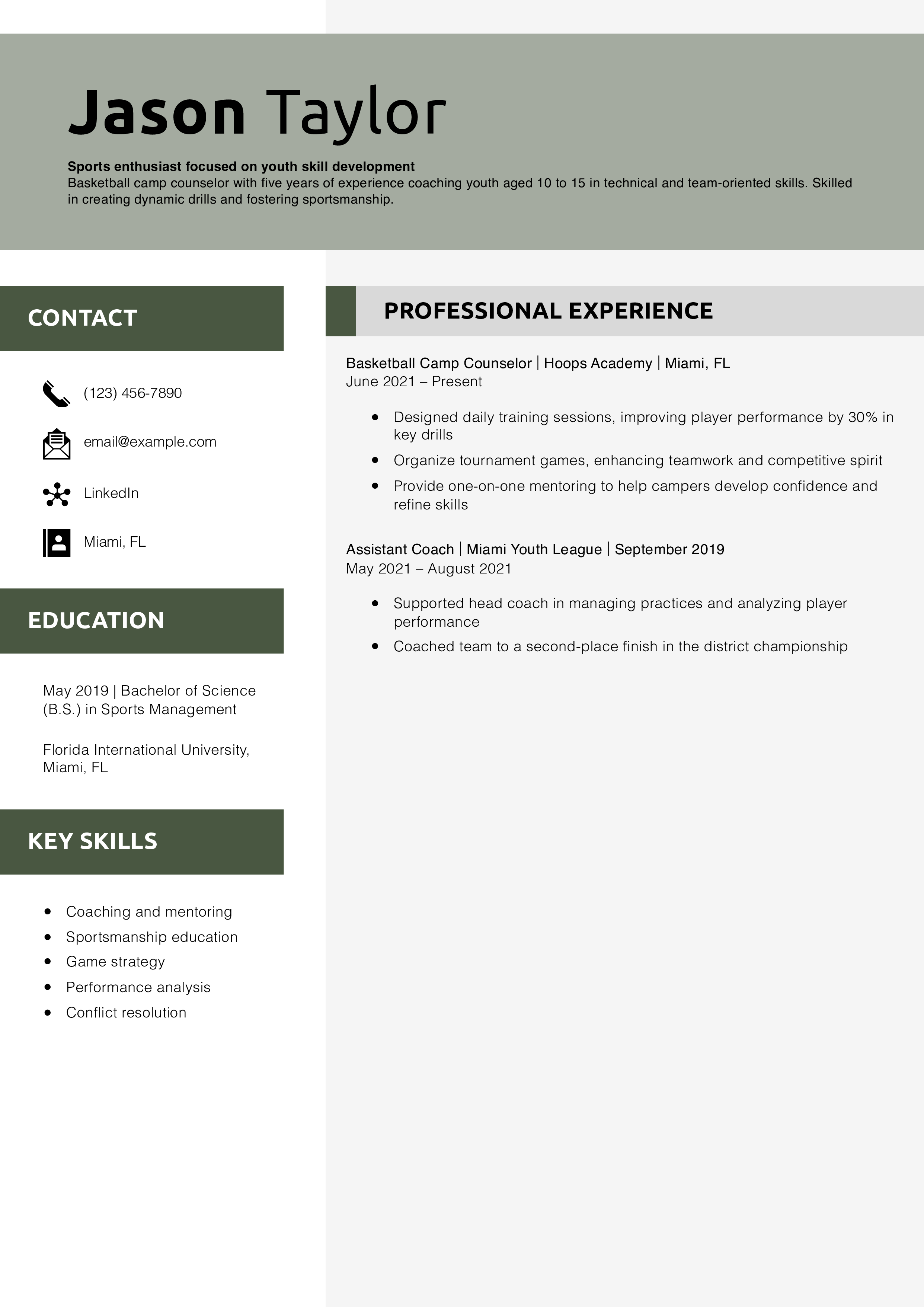 Basketball Camp Counselor Resume