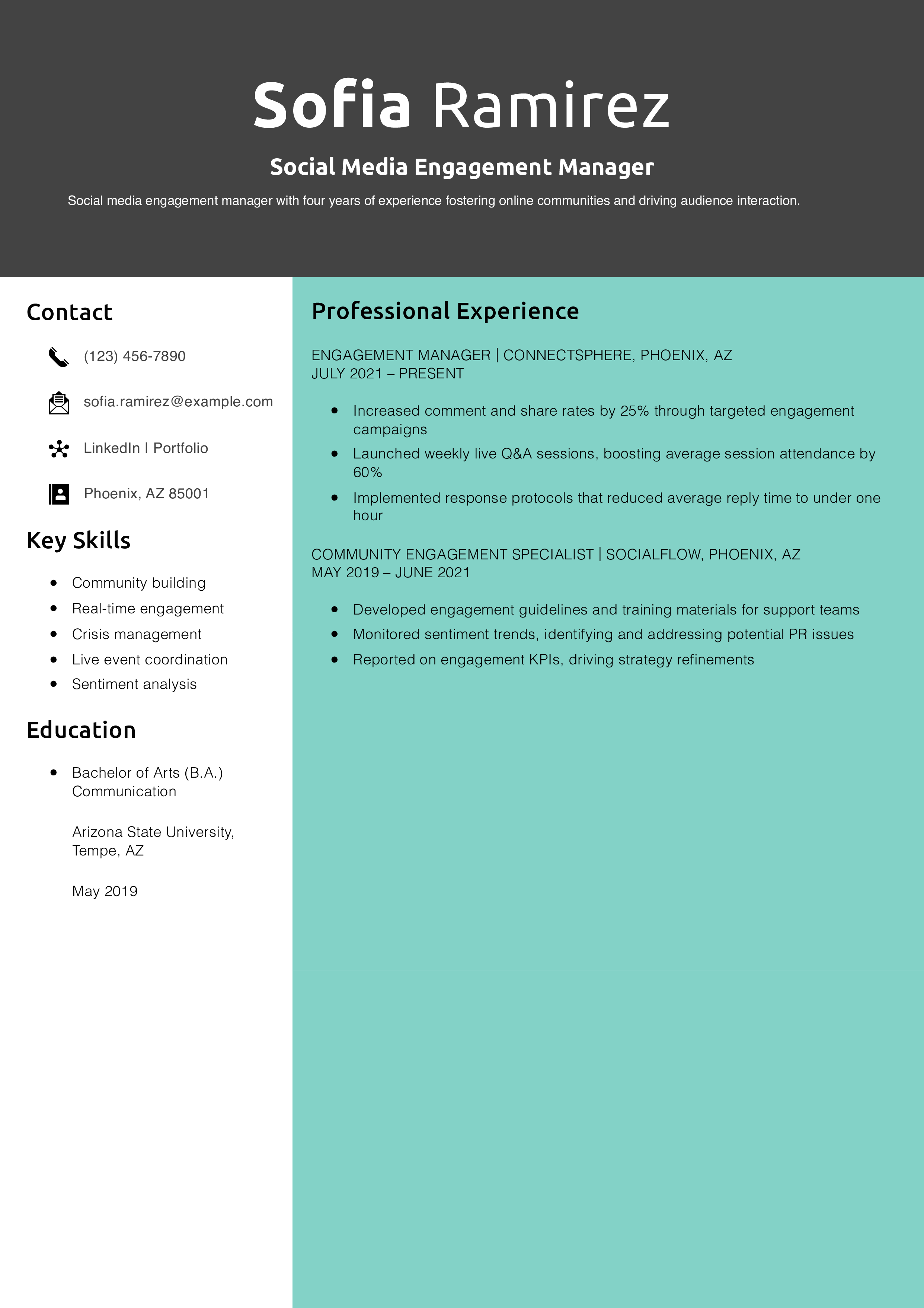 Social Media Engagement Manager Resume Example