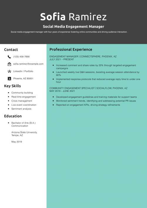 Social Media Engagement Manager Resume Example