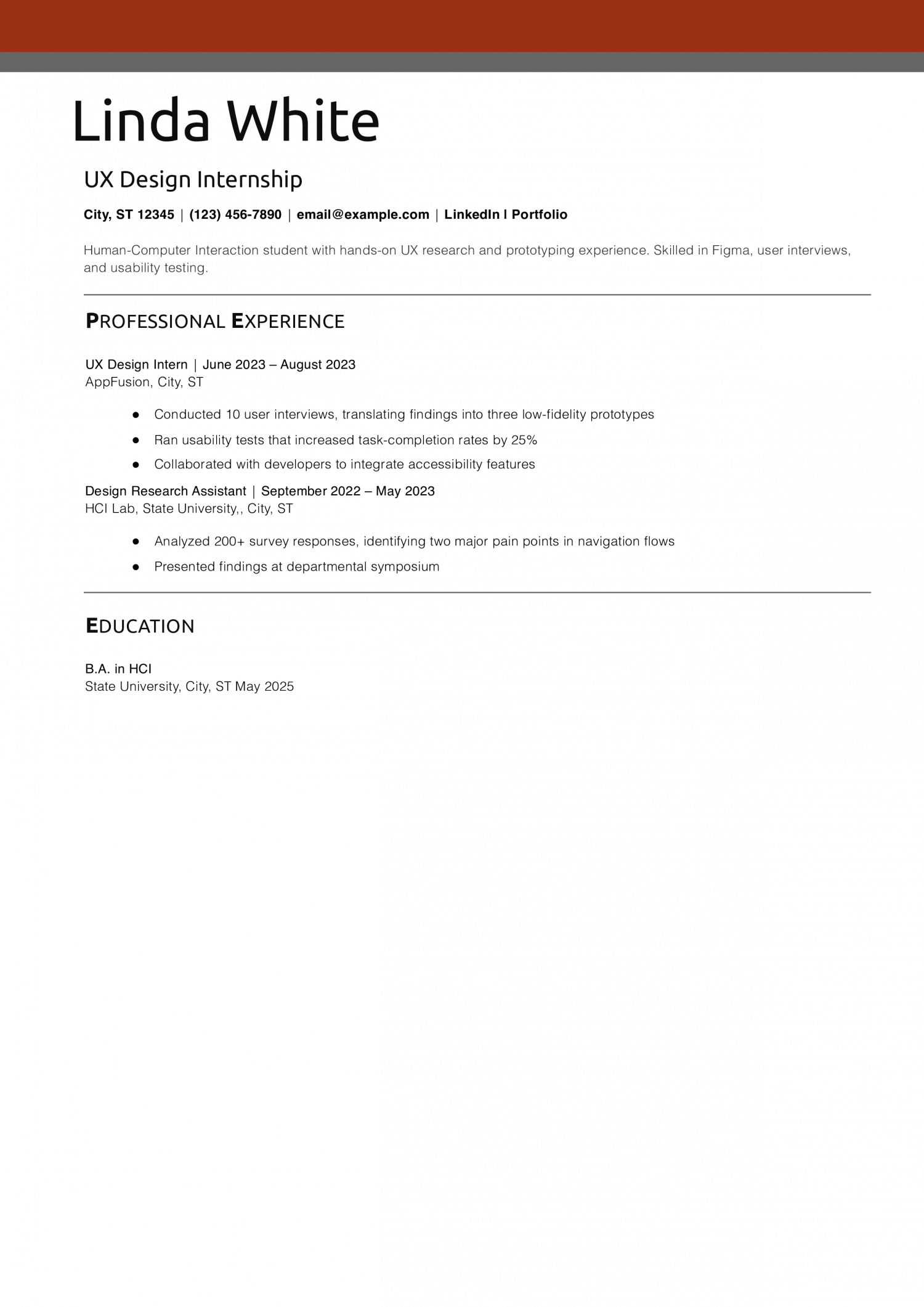 UX Design Internship Resume Example