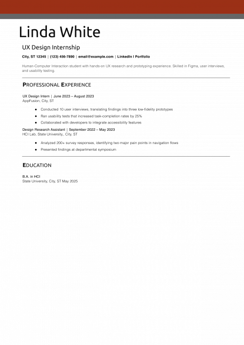 UX Design Internship Resume Example