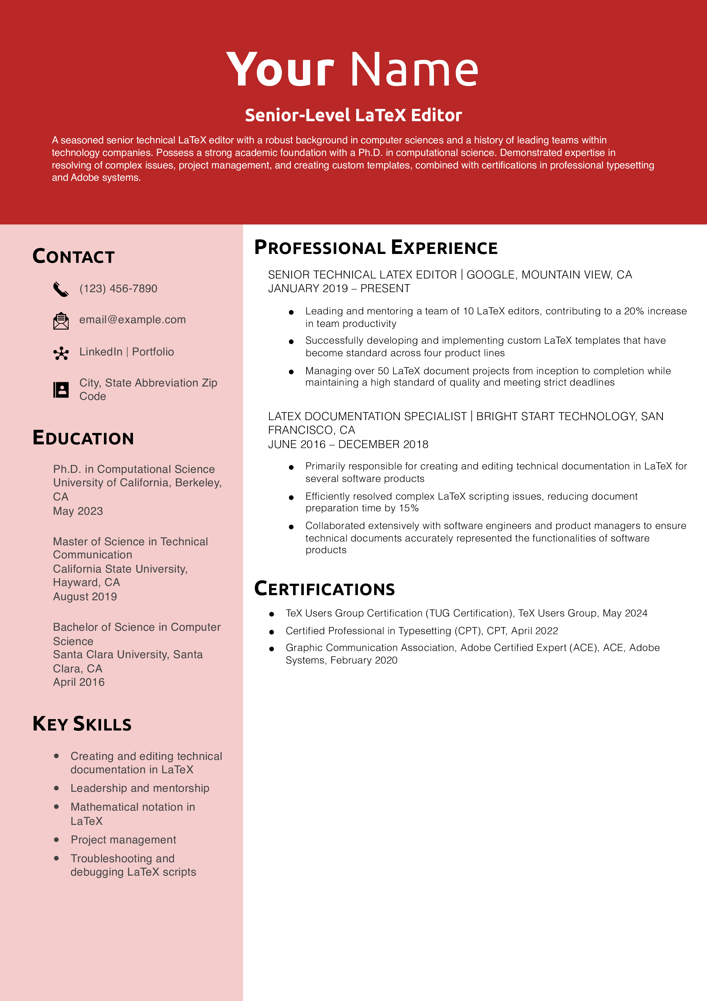 Senior-Level LaTeX Editor Resume Example