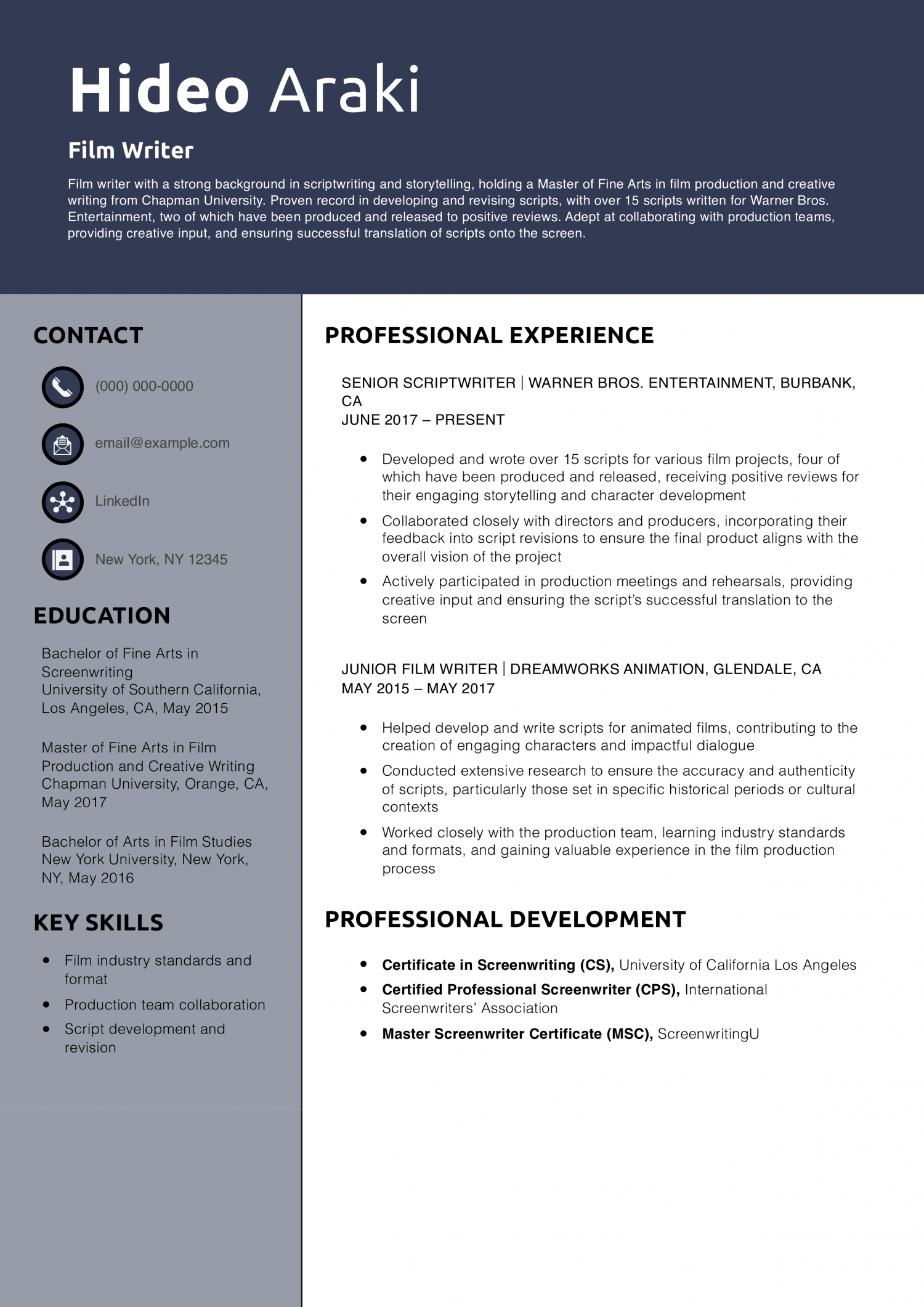 Film Writer Resume Example