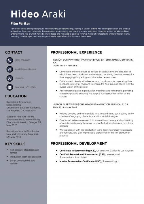 Film Writer Resume Example