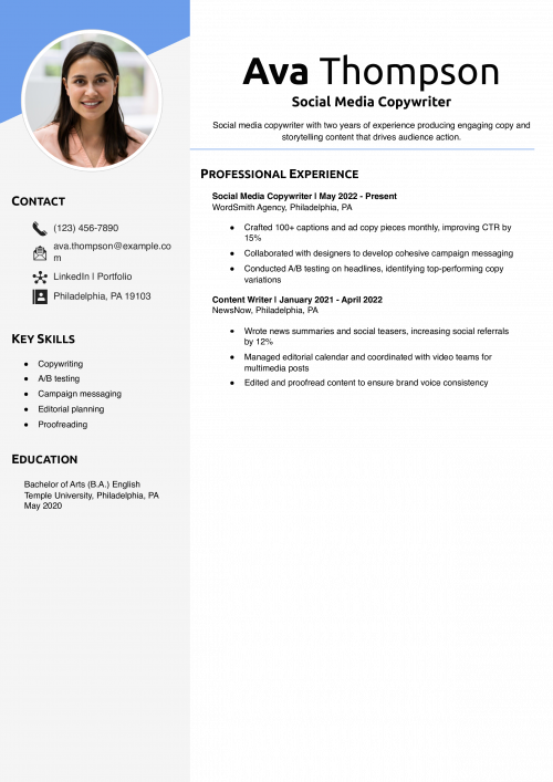 Social Media Copywriter Resume Example