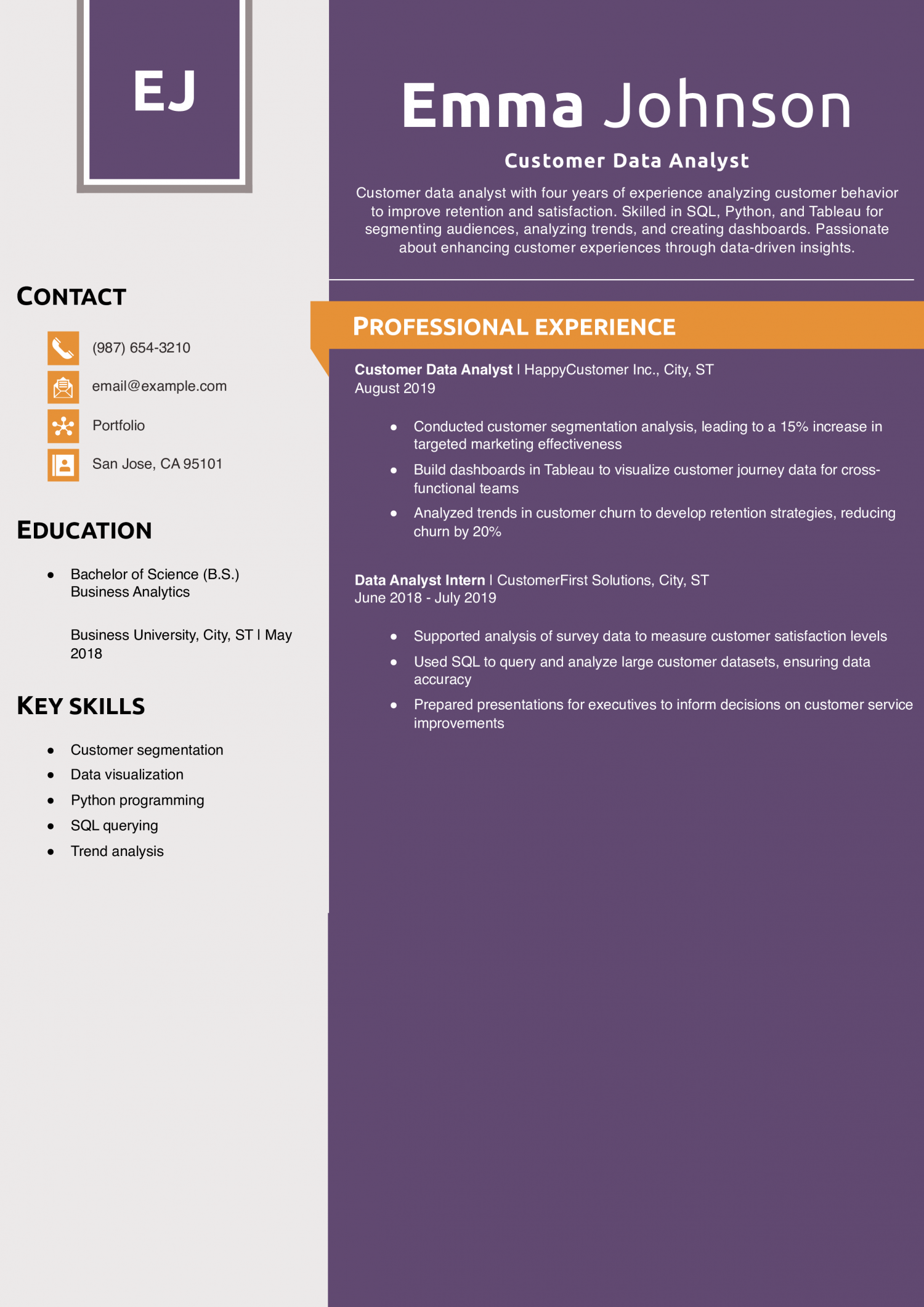Customer Data Analyst Resume Example