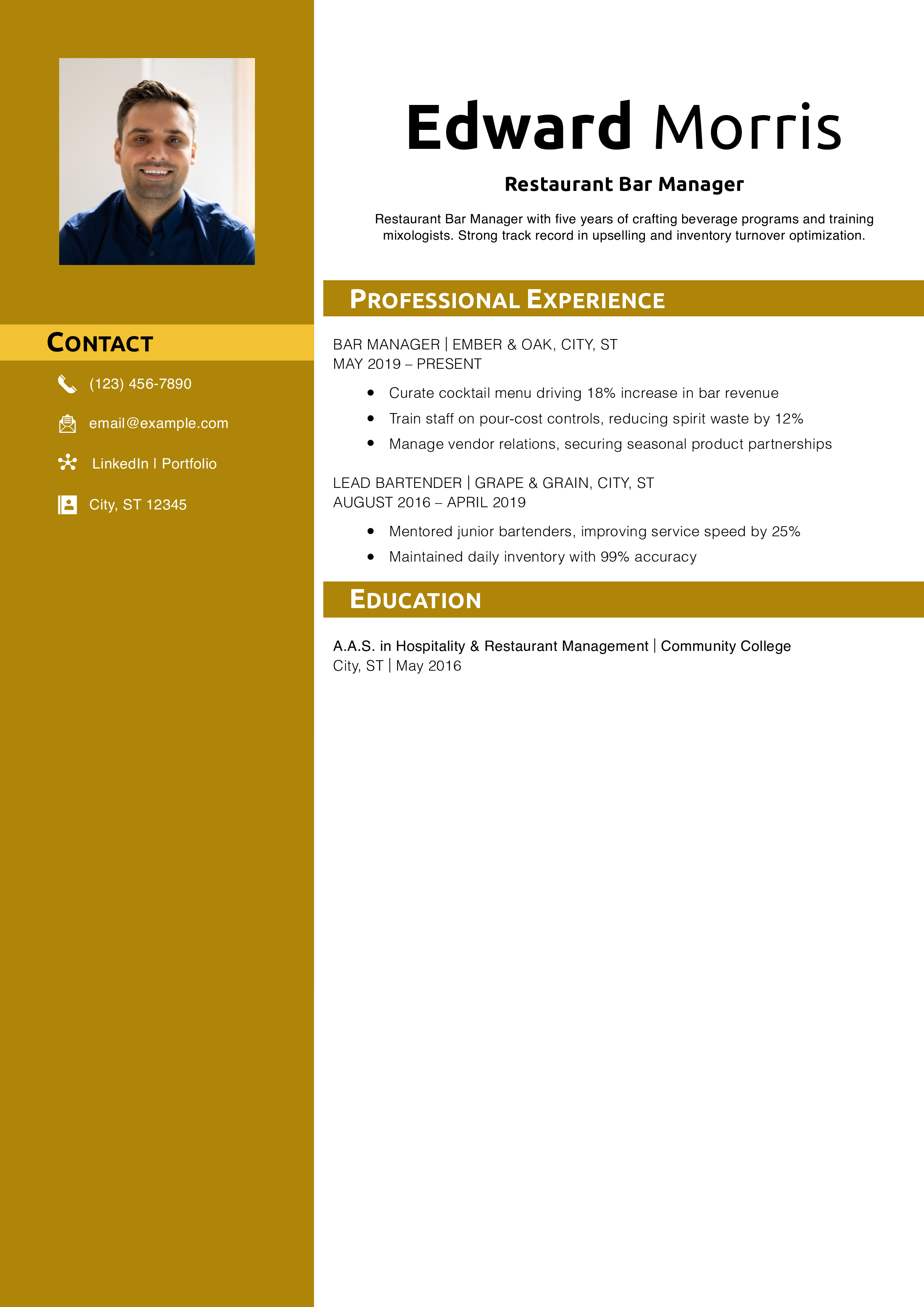 Restaurant Bar Manager Resume Example
