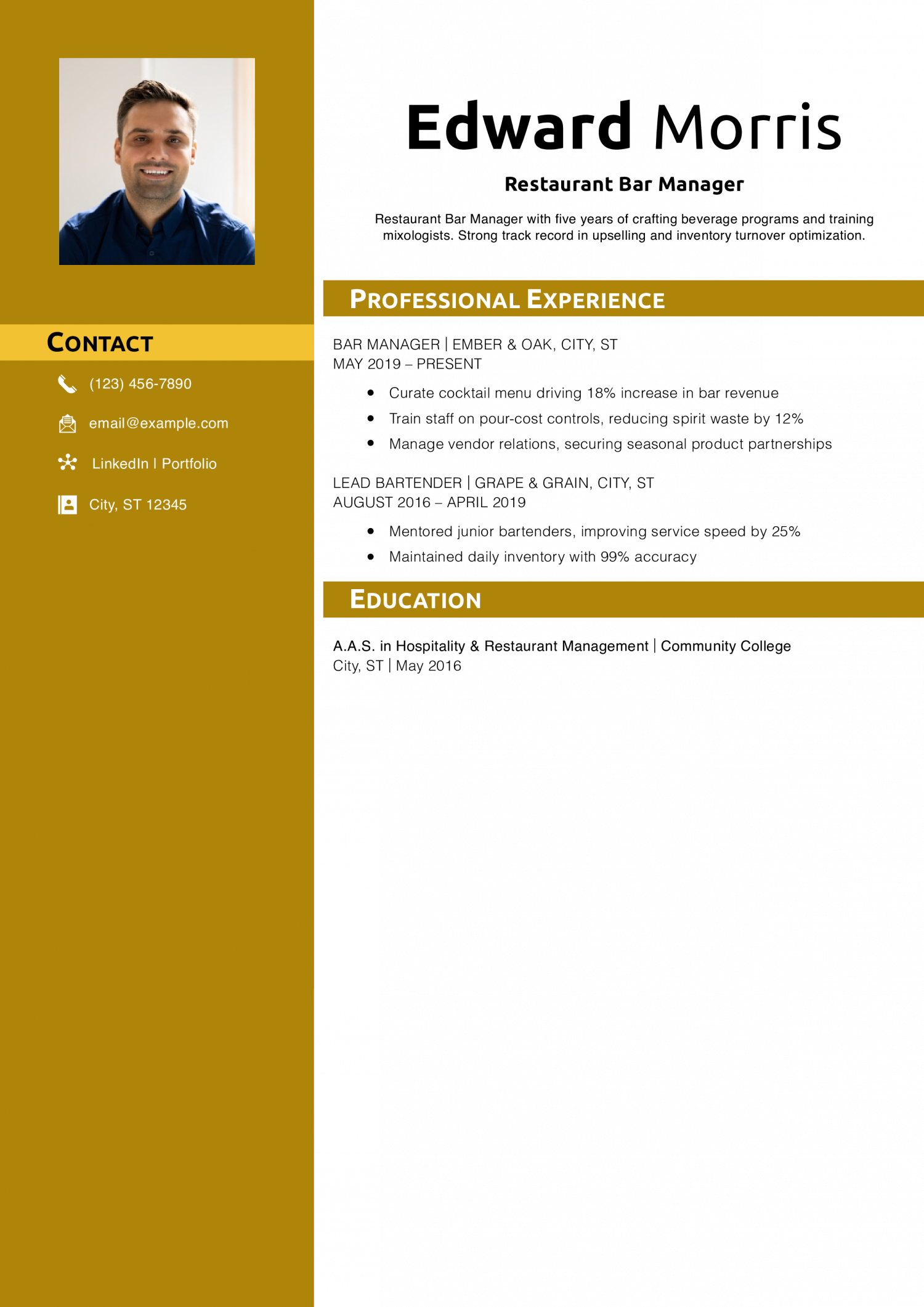 Restaurant Bar Manager Resume Example