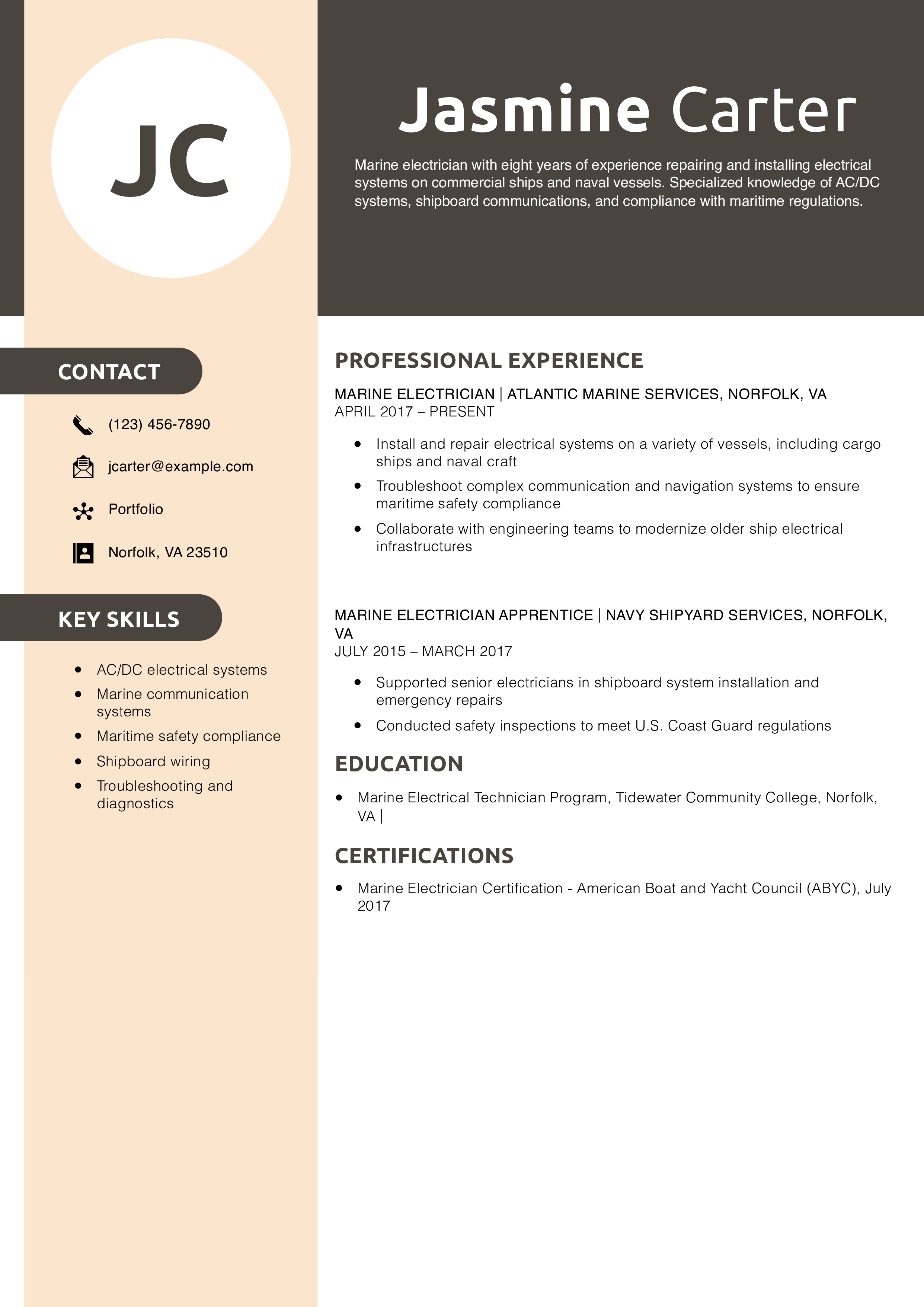 Marine Electrician Resume Example