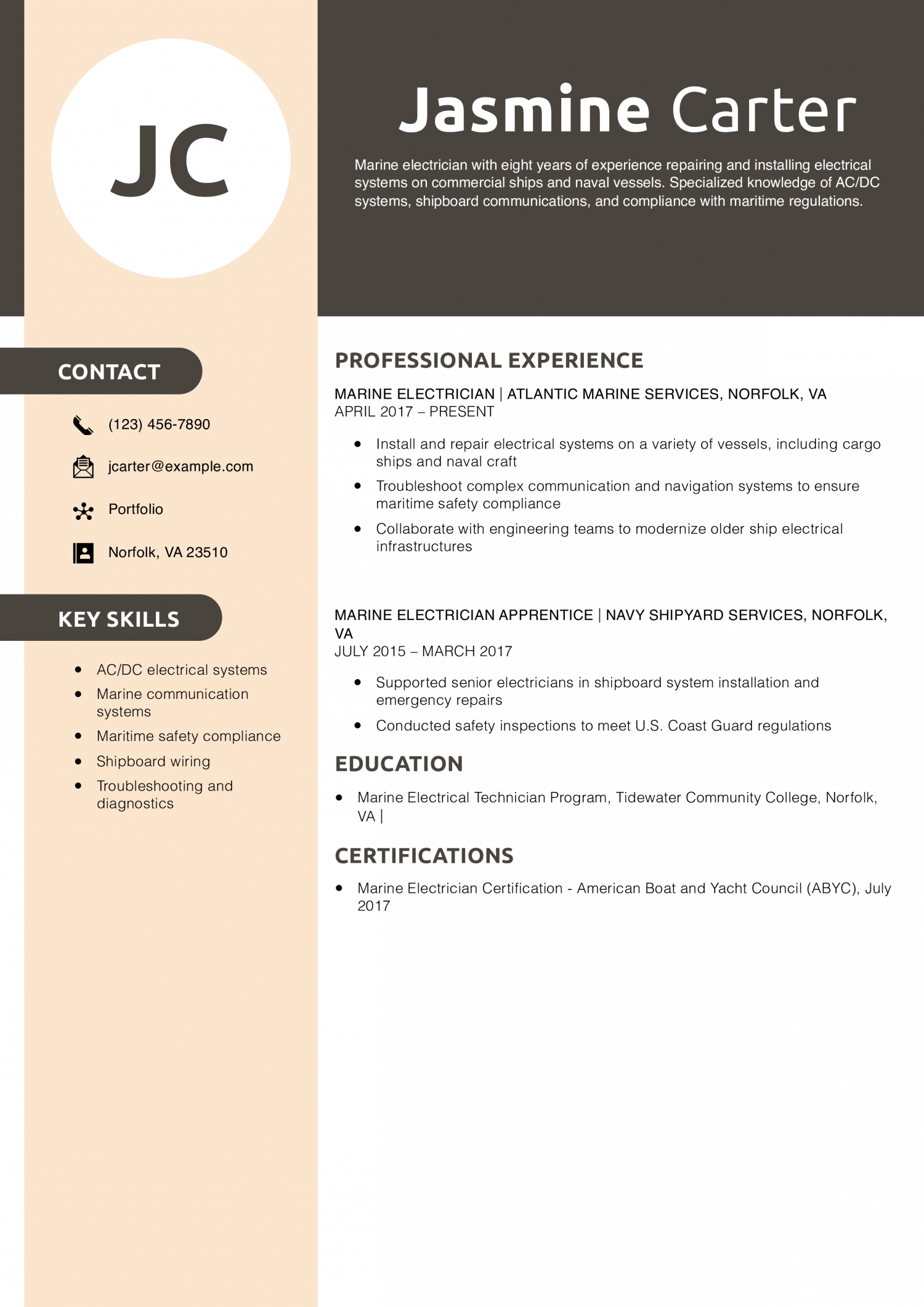 Marine Electrician Resume Example
