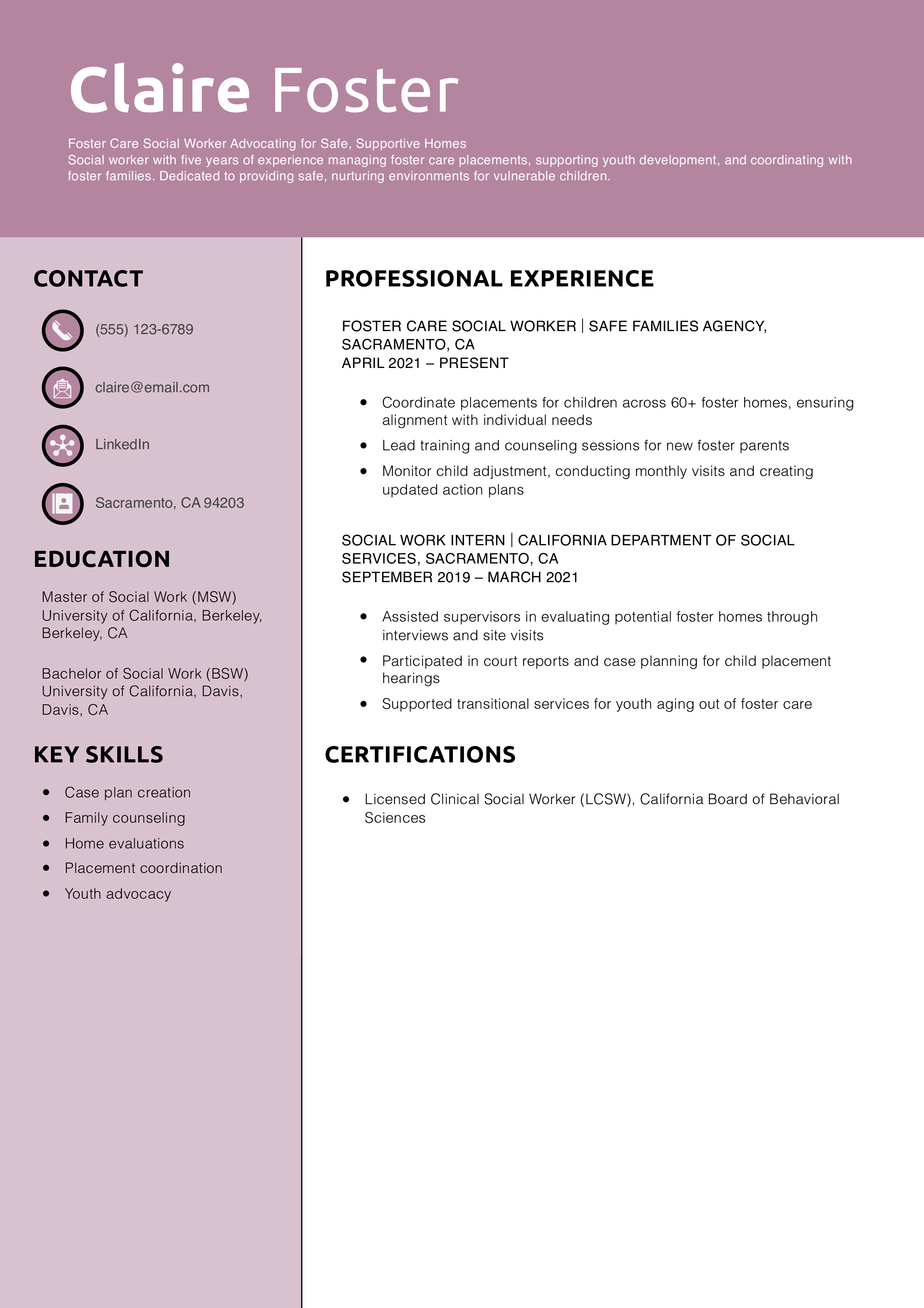 Foster Care Social Worker Resume Example