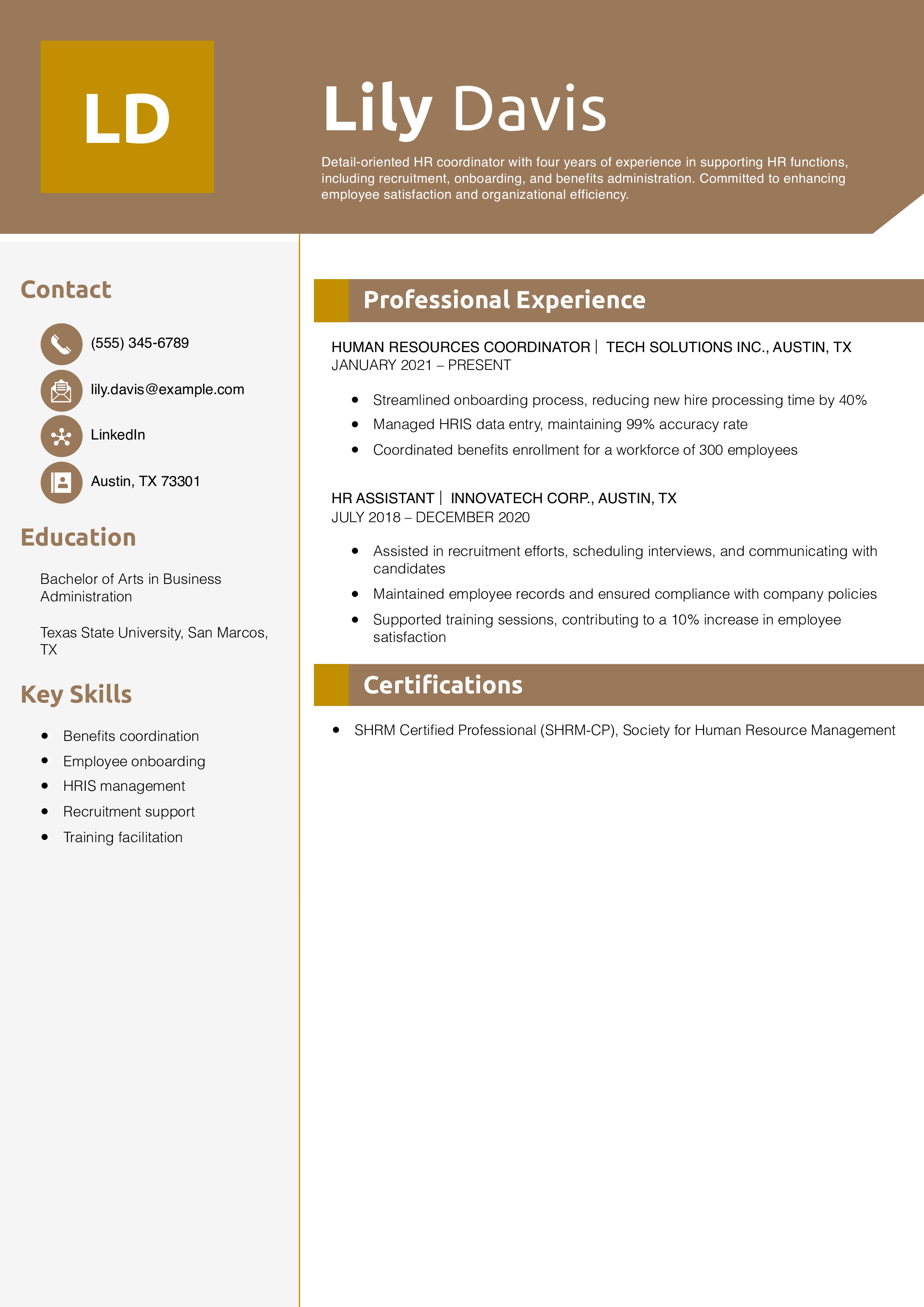 Human Resources Coordinator Resume Example