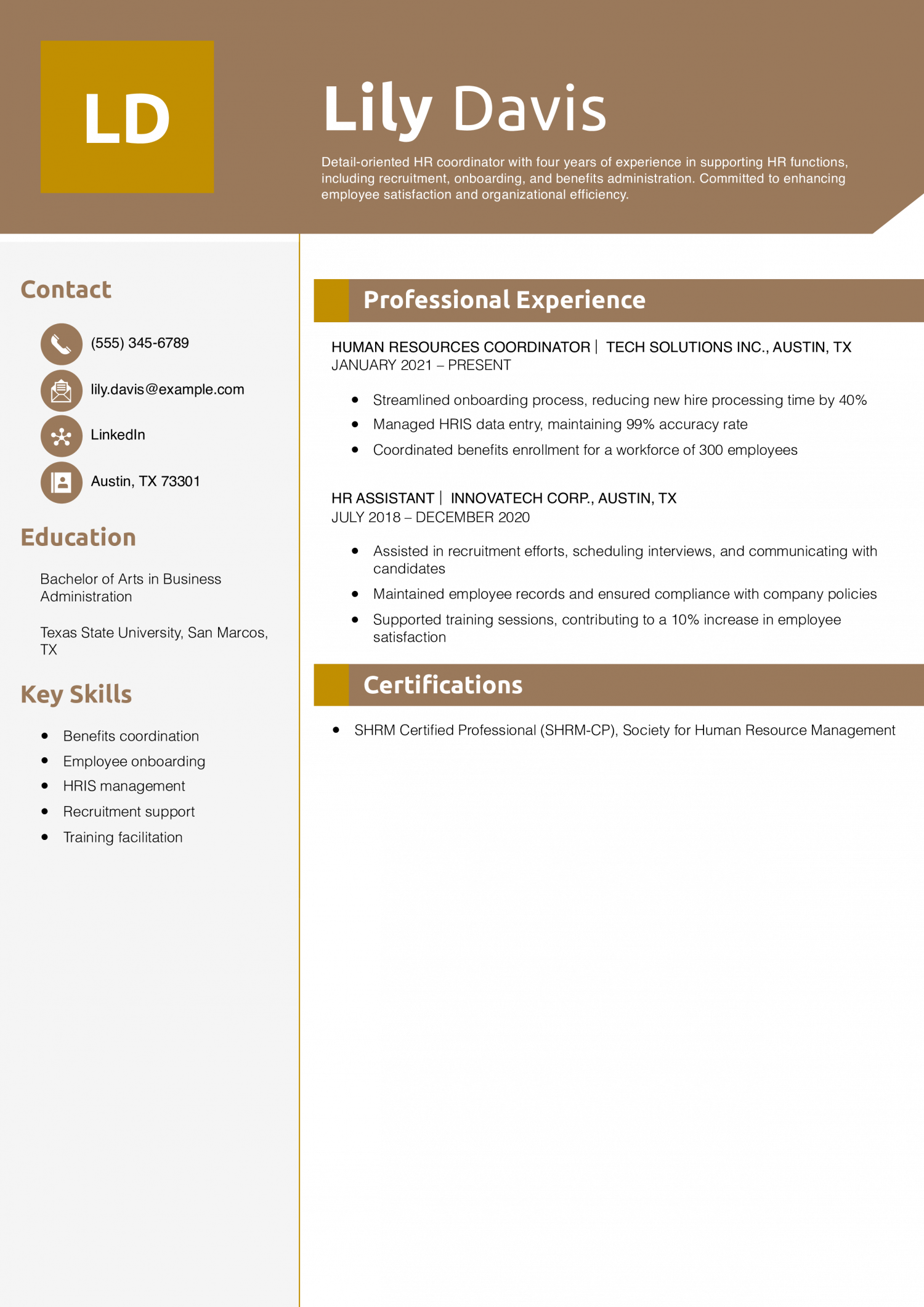 Human Resources Coordinator Resume Example
