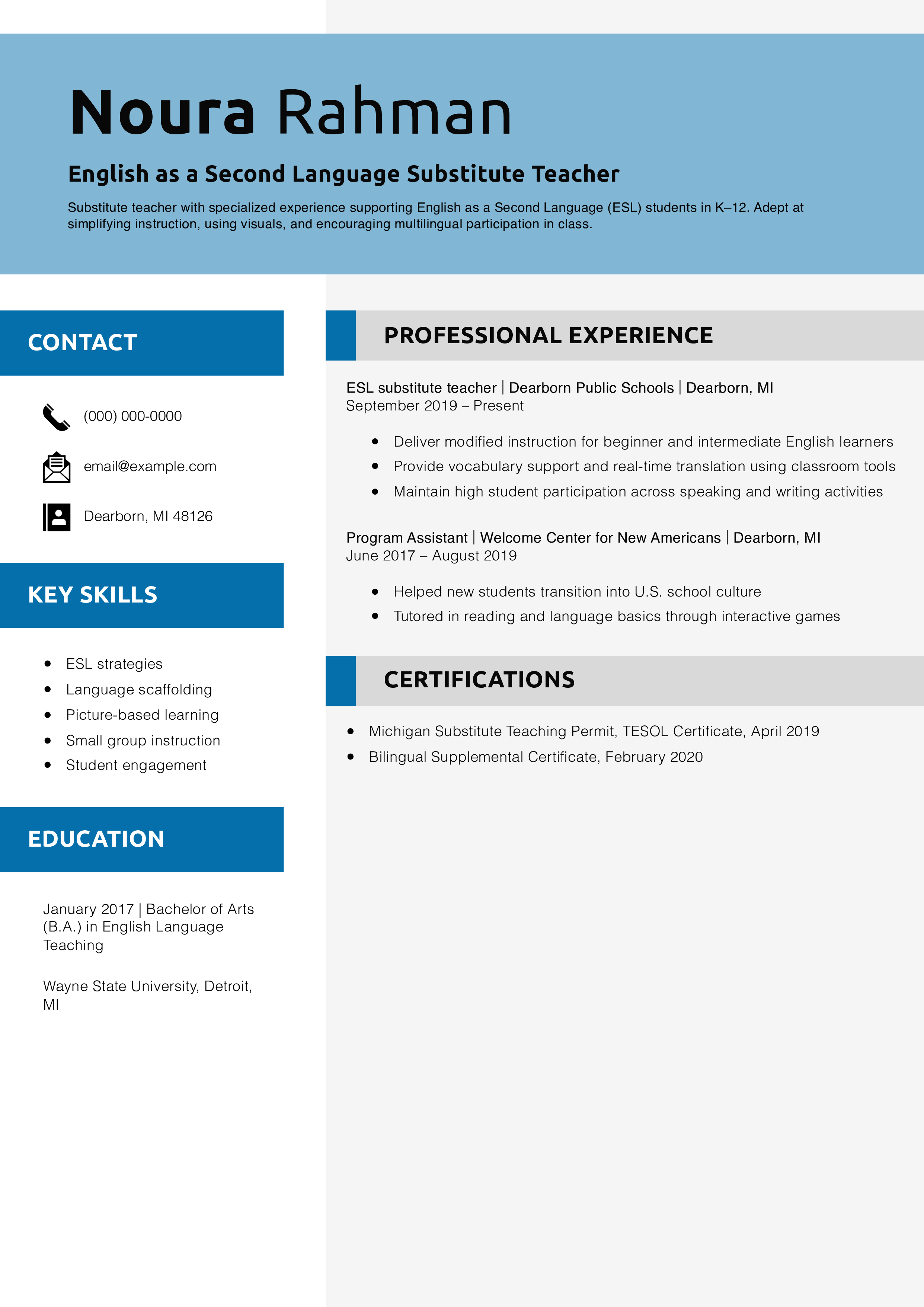 English as a Second Language Substitute Teacher Resume Example