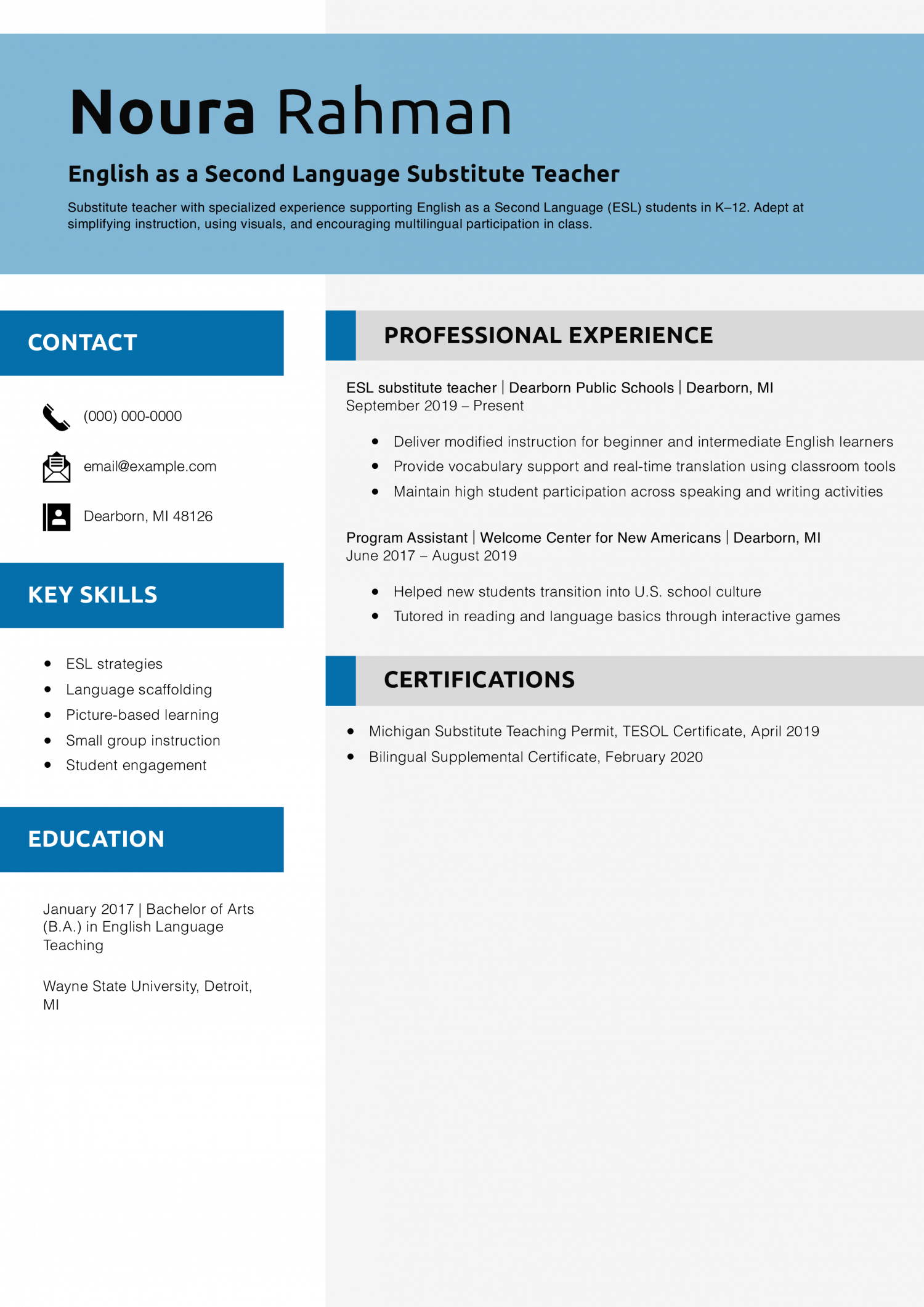 English as a Second Language Substitute Teacher Resume Example