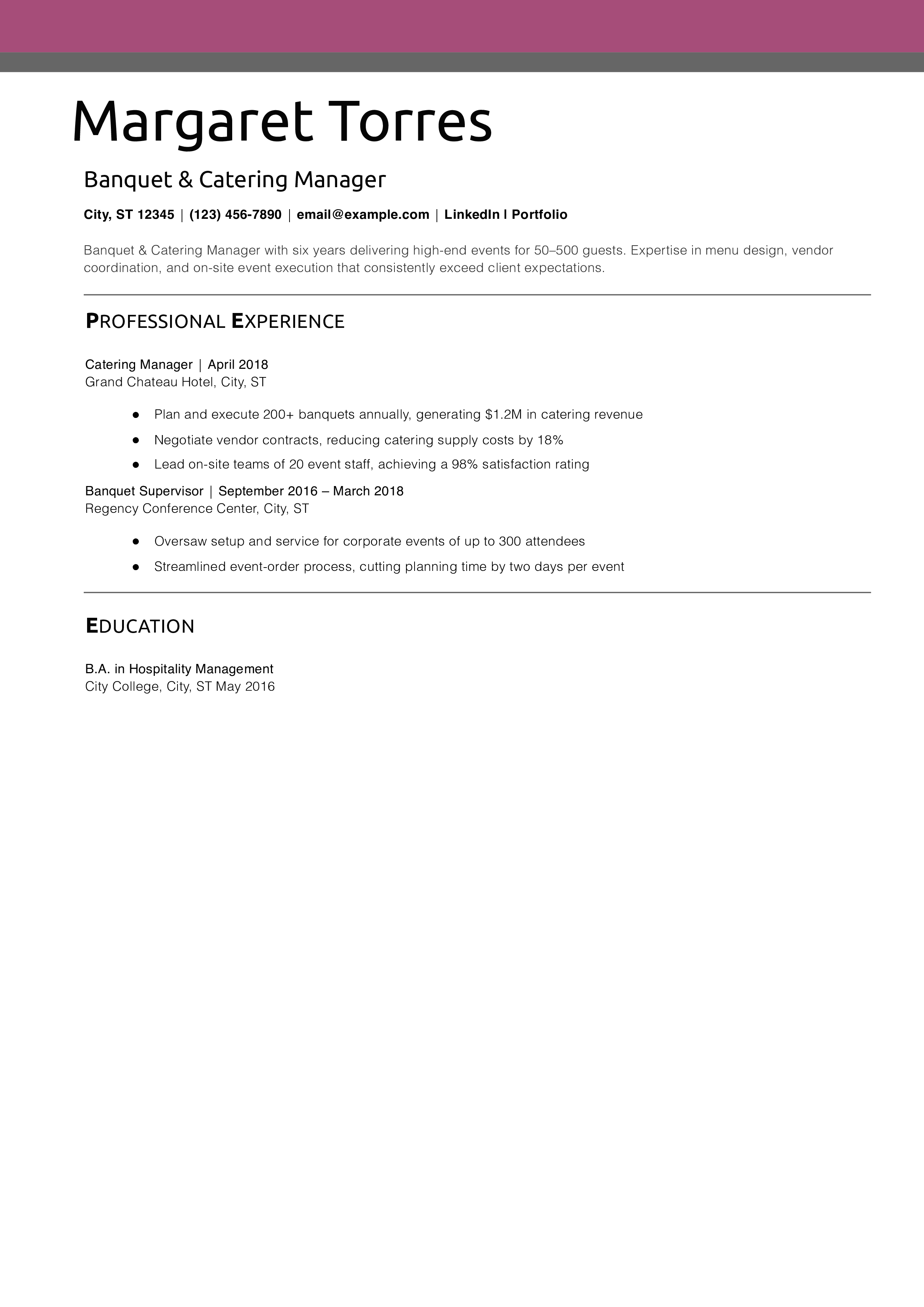 Banquet & Catering Manager Resume Example
