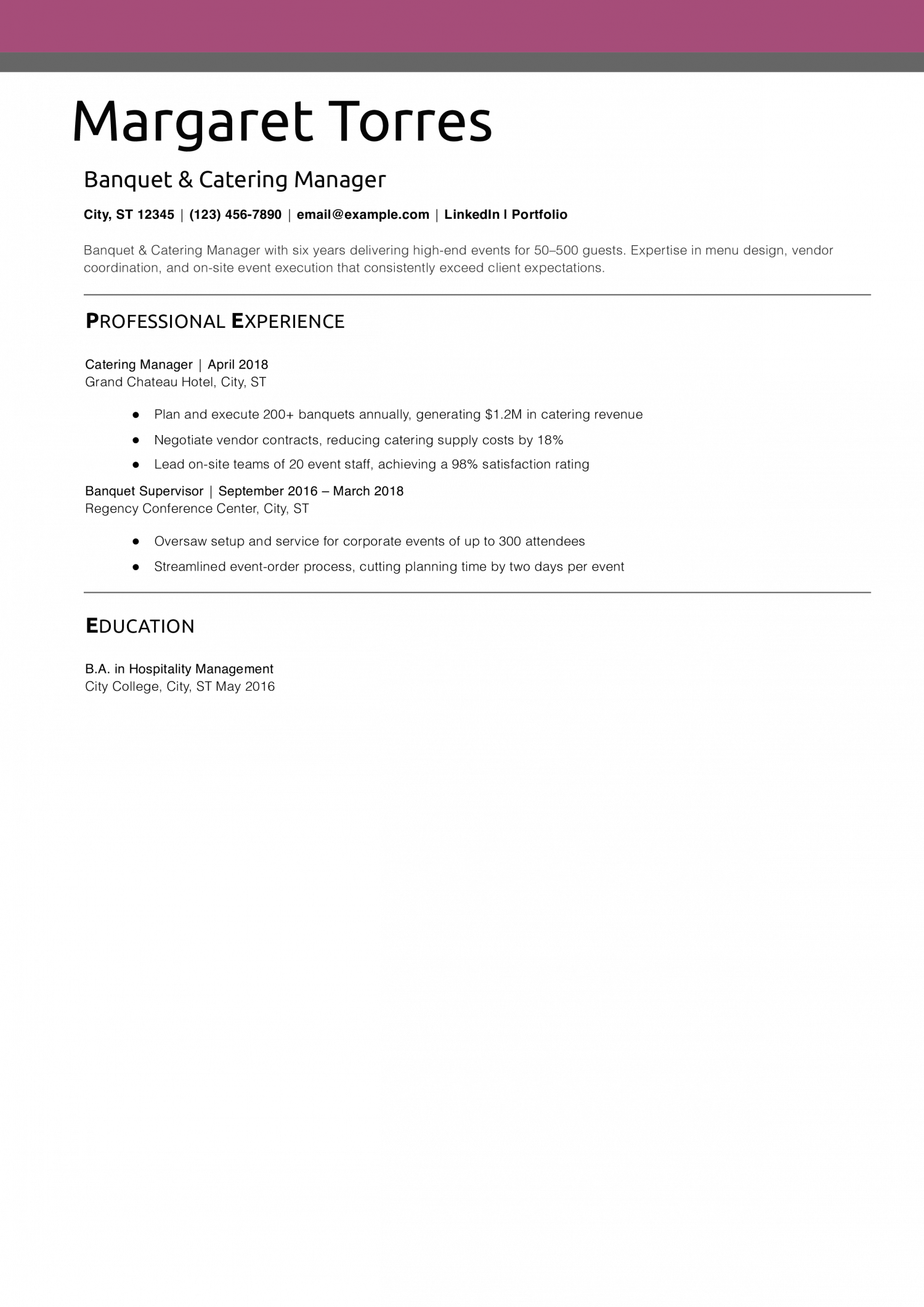 Banquet & Catering Manager Resume Example