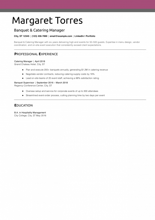 Banquet & Catering Manager Resume Example