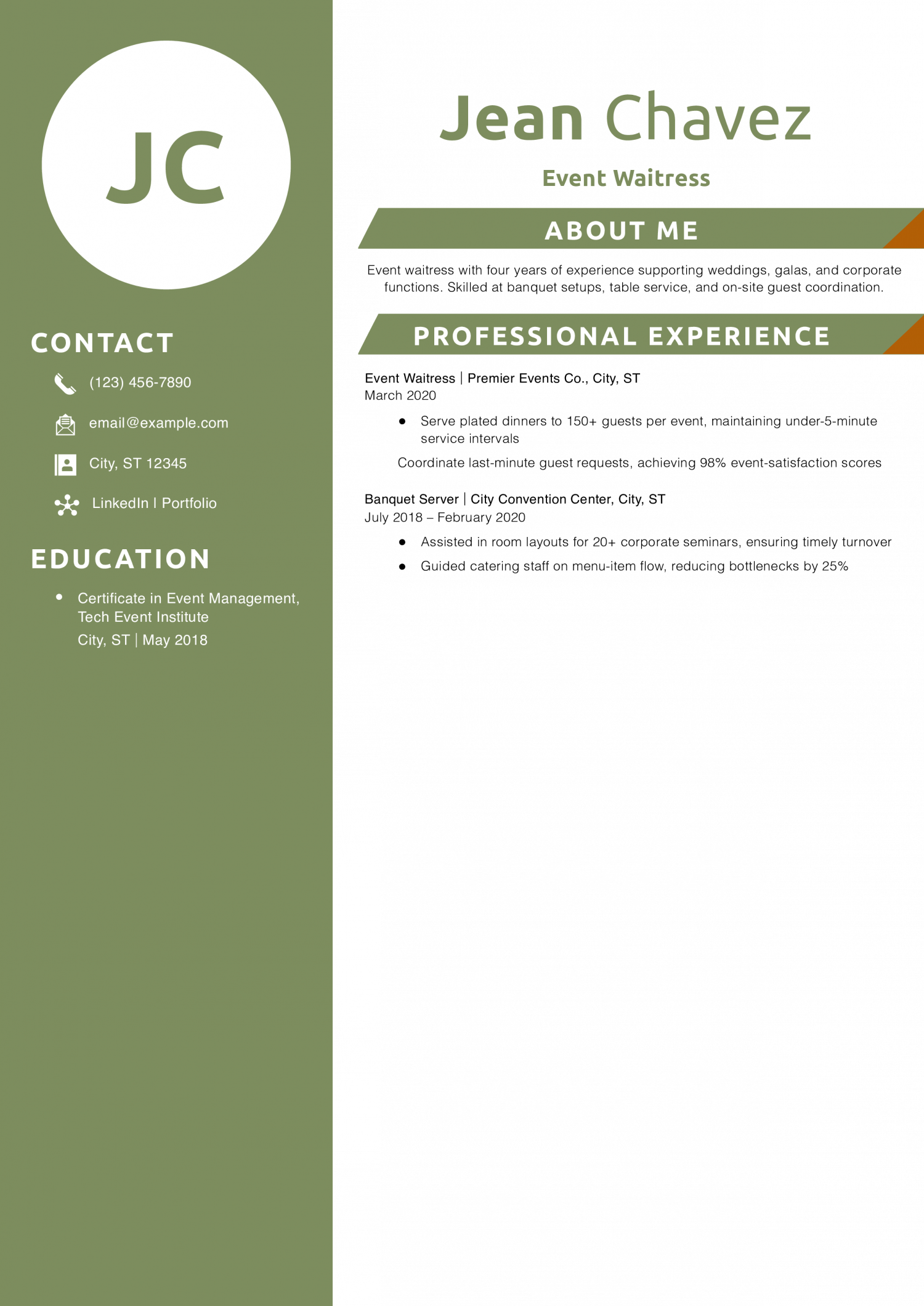 Event Waitress Resume Example