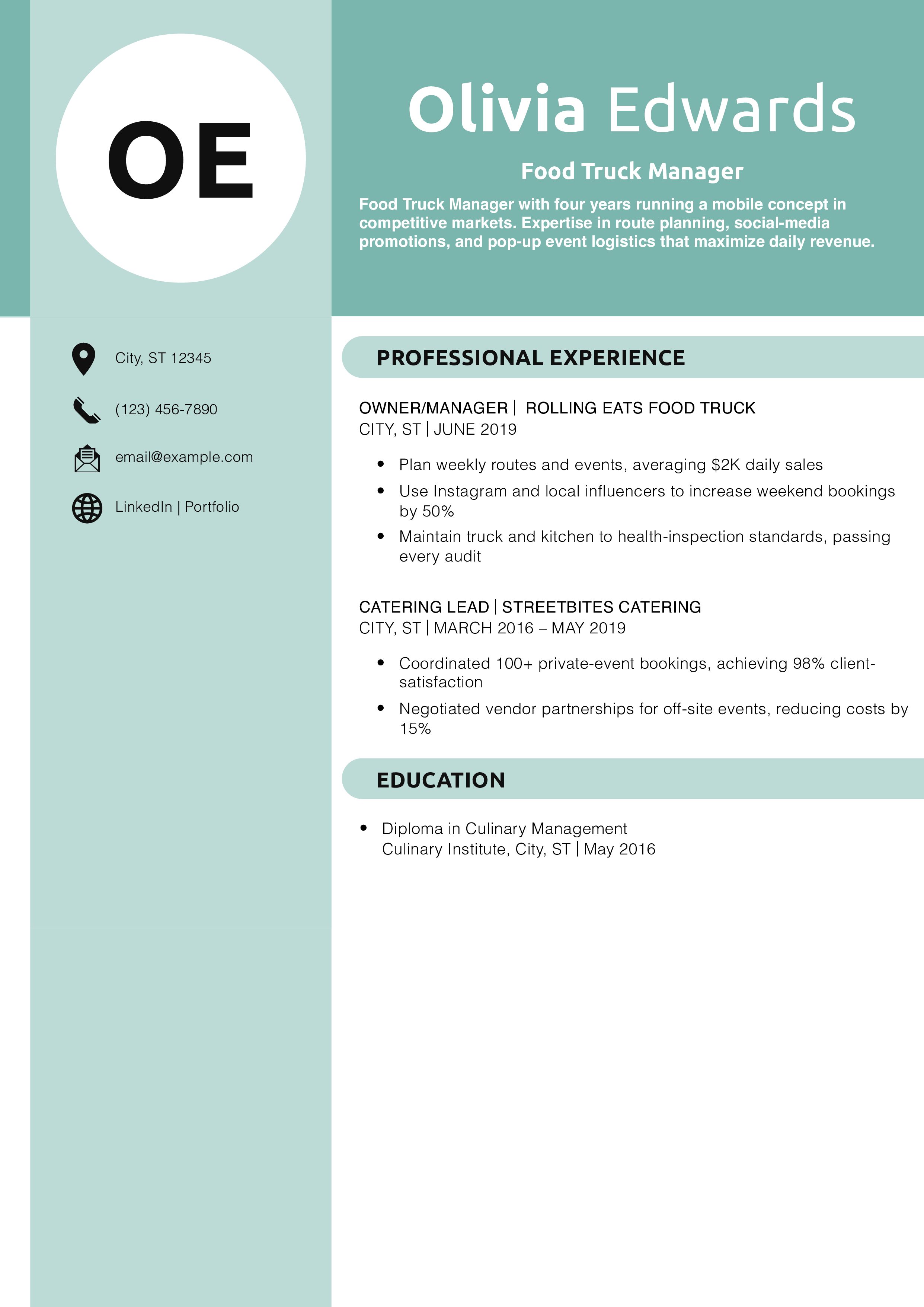 Food Truck Manager Resume Example