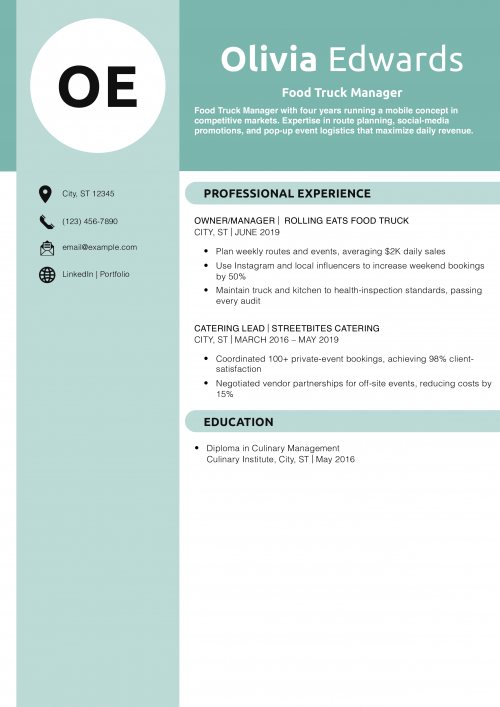 Food Truck Manager Resume Example