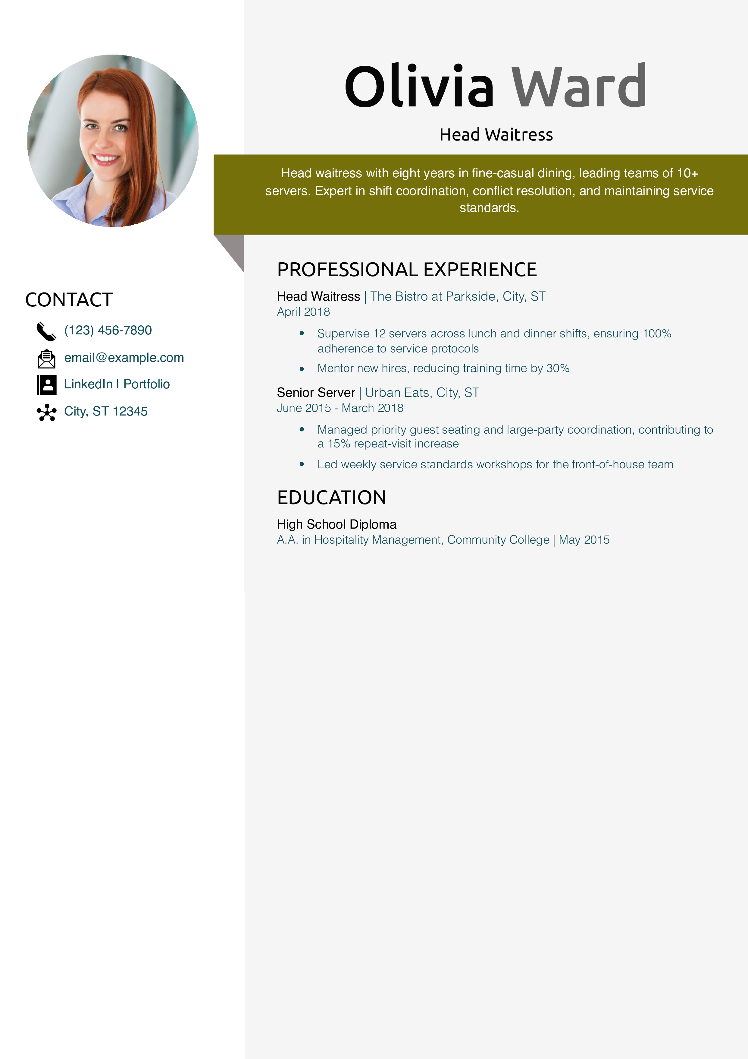 Head Waitress Resume Example