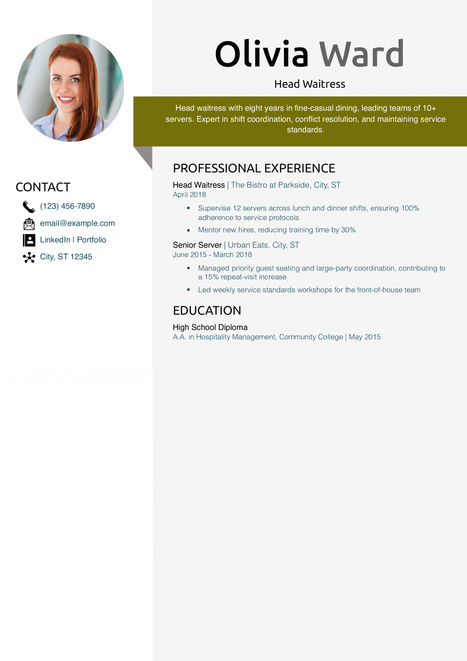 Head Waitress Resume Example