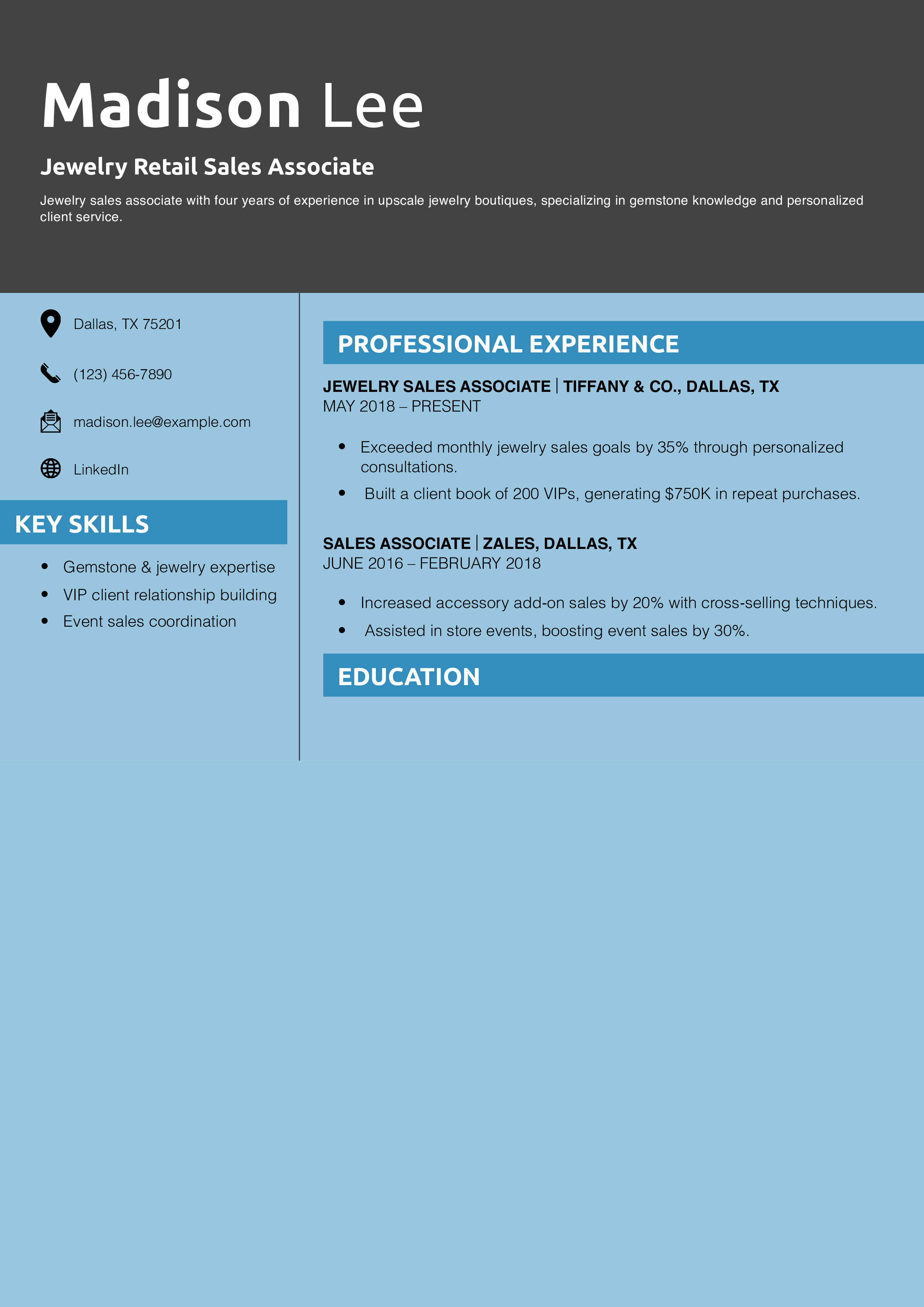 Jewelry Retail Sales Associate Resume Example