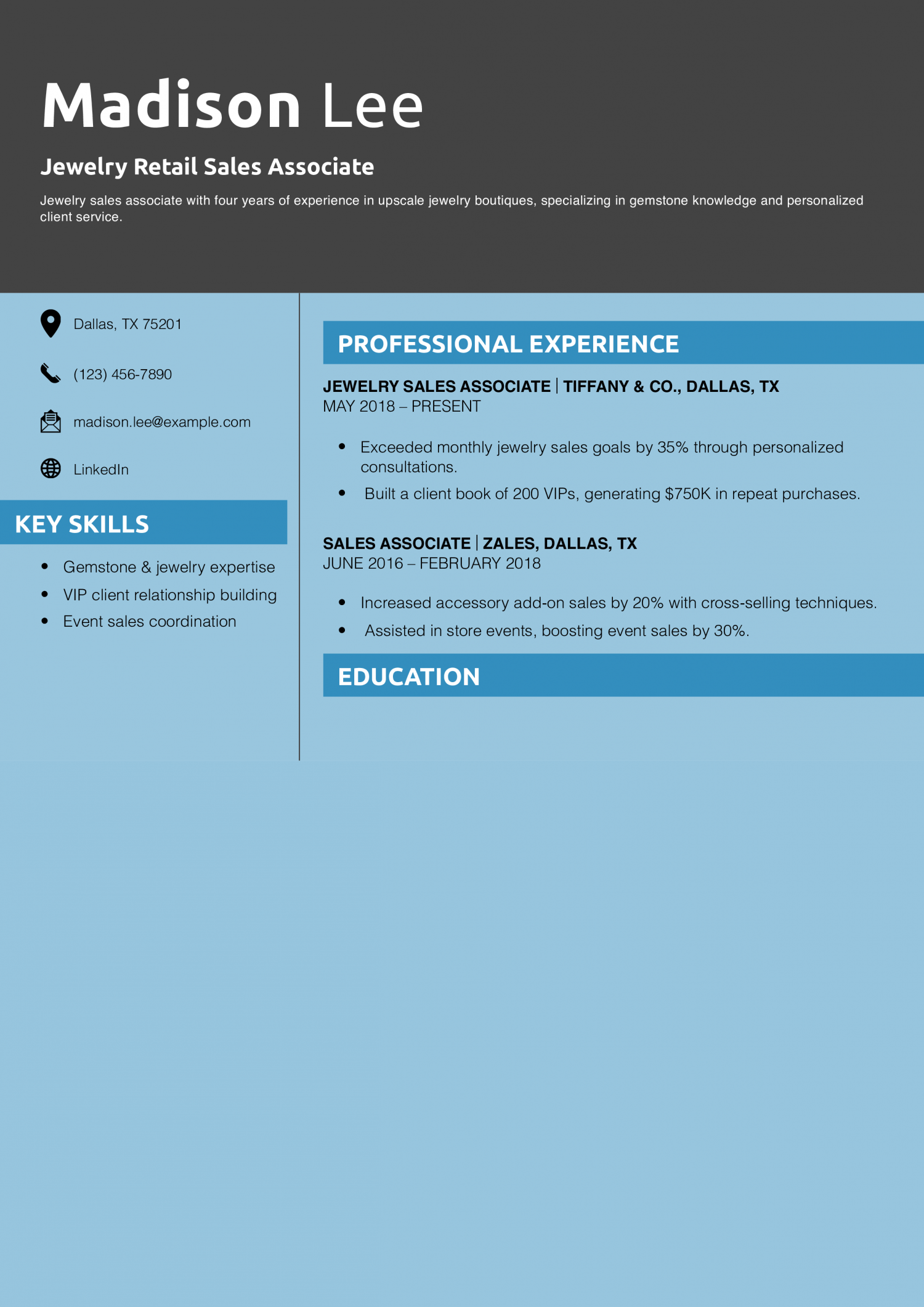 Jewelry Retail Sales Associate Resume Example