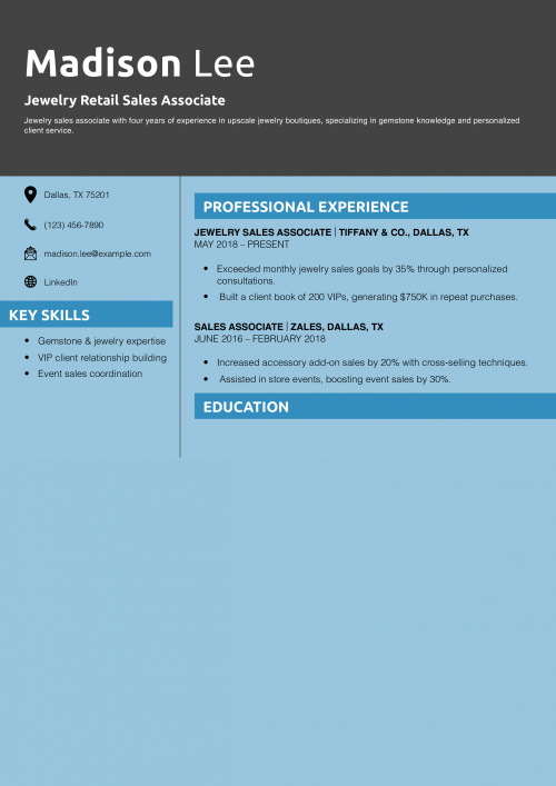 Jewelry Retail Sales Associate Resume Example