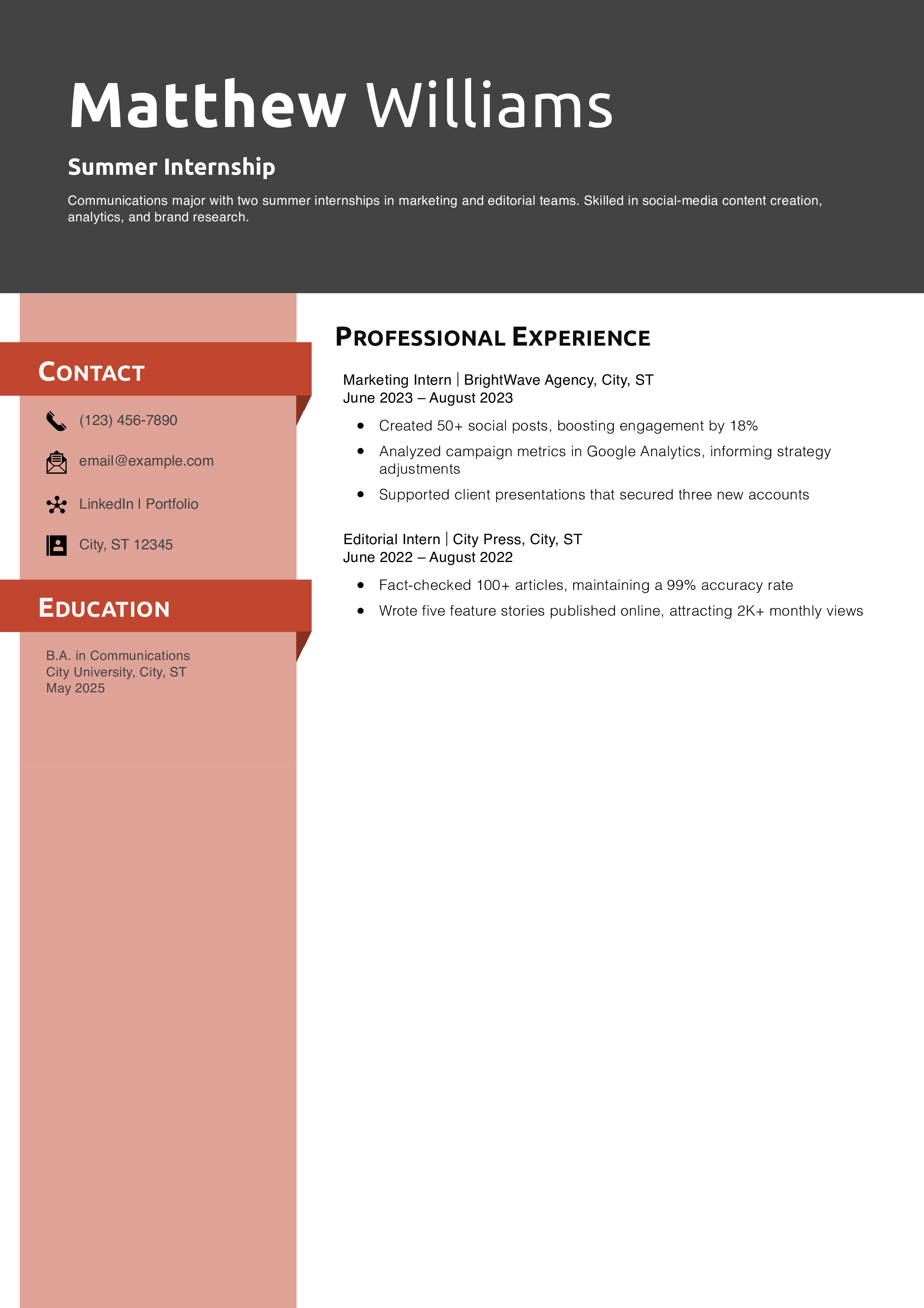 Summer Internship Resume Example