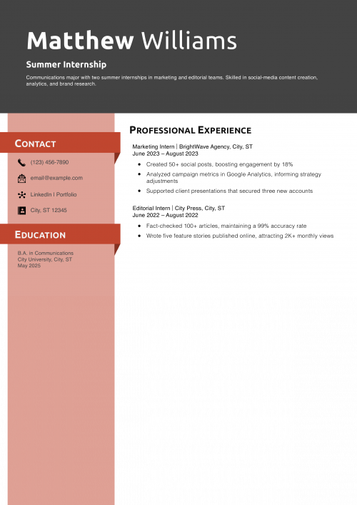 Summer Internship Resume Example