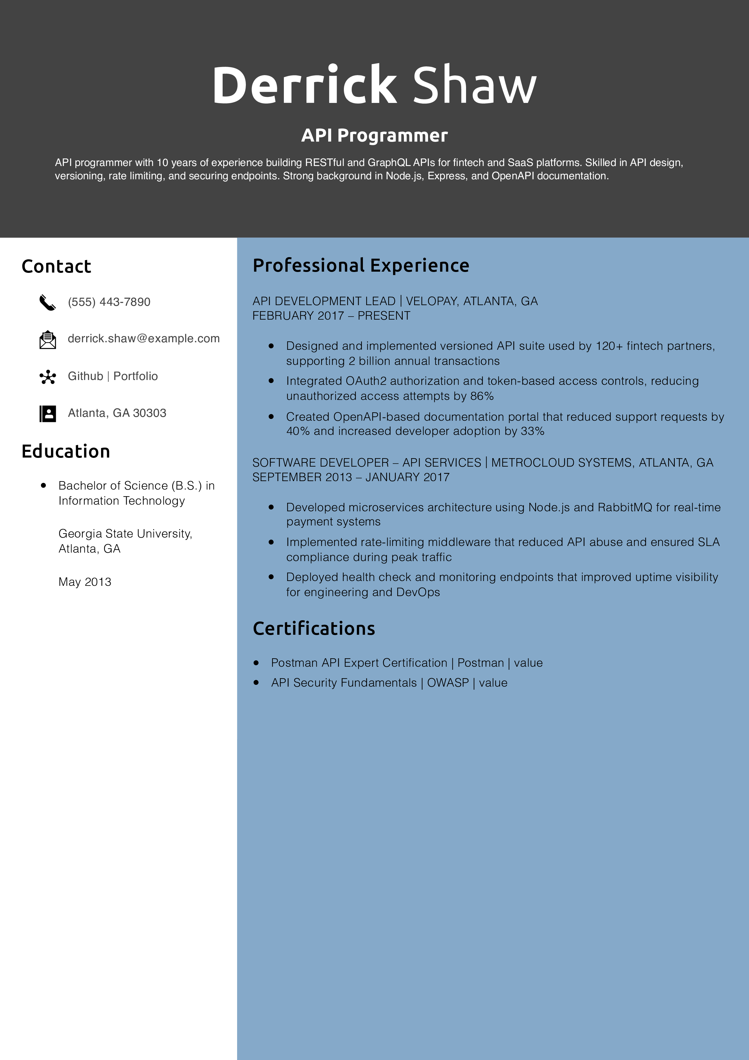 API Programmer Resume Example
